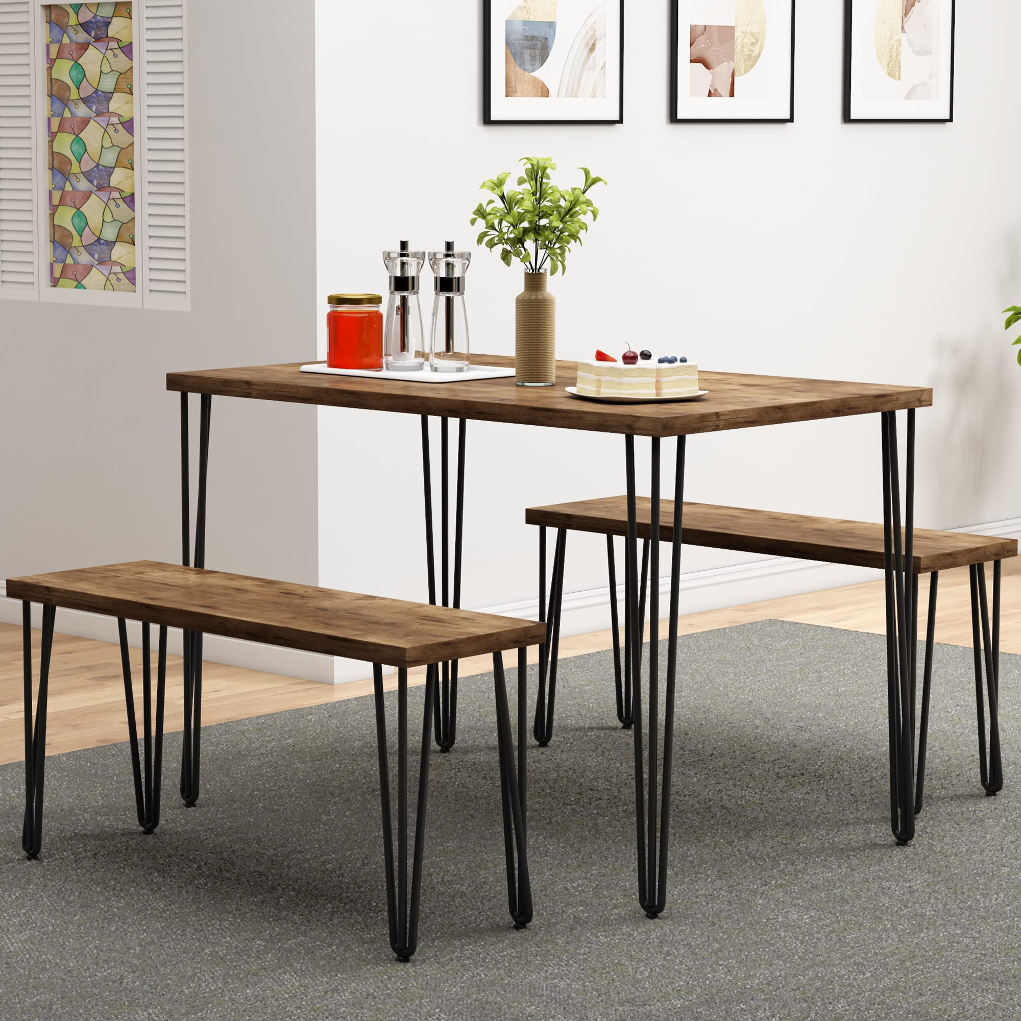Altanius Rustic Farmhouse 3-Piece Dining Table Set with 2 Benches - Solid Wood Table & Bench Set with Sturdy Iron Frame, Seats 4 - Perfect for Small Spaces, Kitchens & Breakfast Nooks (Rustic Brown & Black)