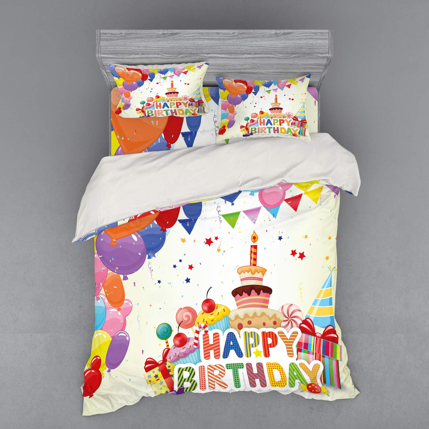 Ambesonne 4-Piece Queen Size Birthday Bedding Set - Heart Shaped Balloons, Cupcakes, Candies & Party Hats Design, Duvet Cover with Shams & Fitted Sheet, Vibrant Multicolor | Perfect for Birthday Parties, Kids Rooms & Gift Giving