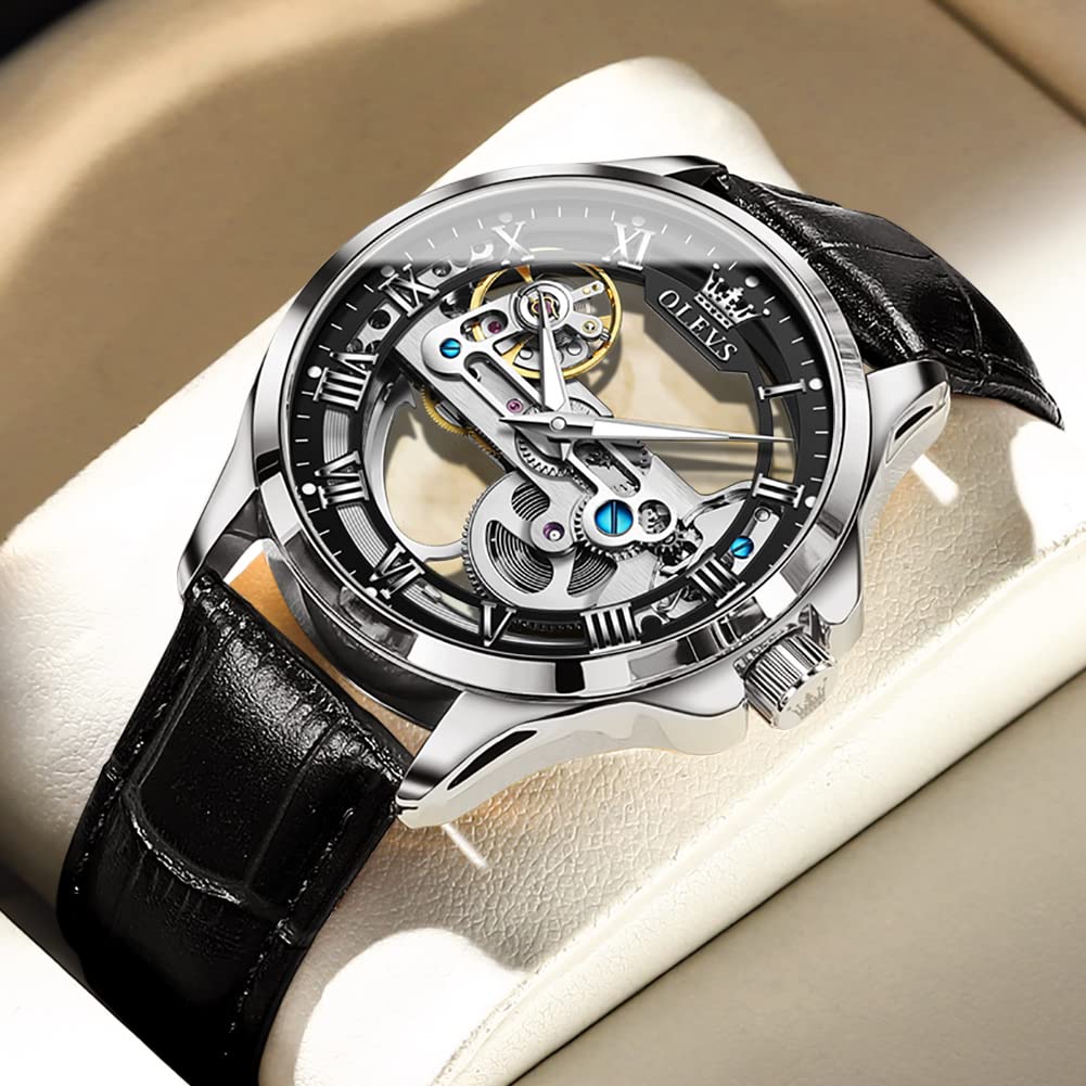 OLEVS Men's Automatic Skeleton Watch - Self-Winding Mechanical Dress Watch with Leather Strap, Waterproof & Luminous - Luxury Wristwatch for Business, Formal & Casual Wear