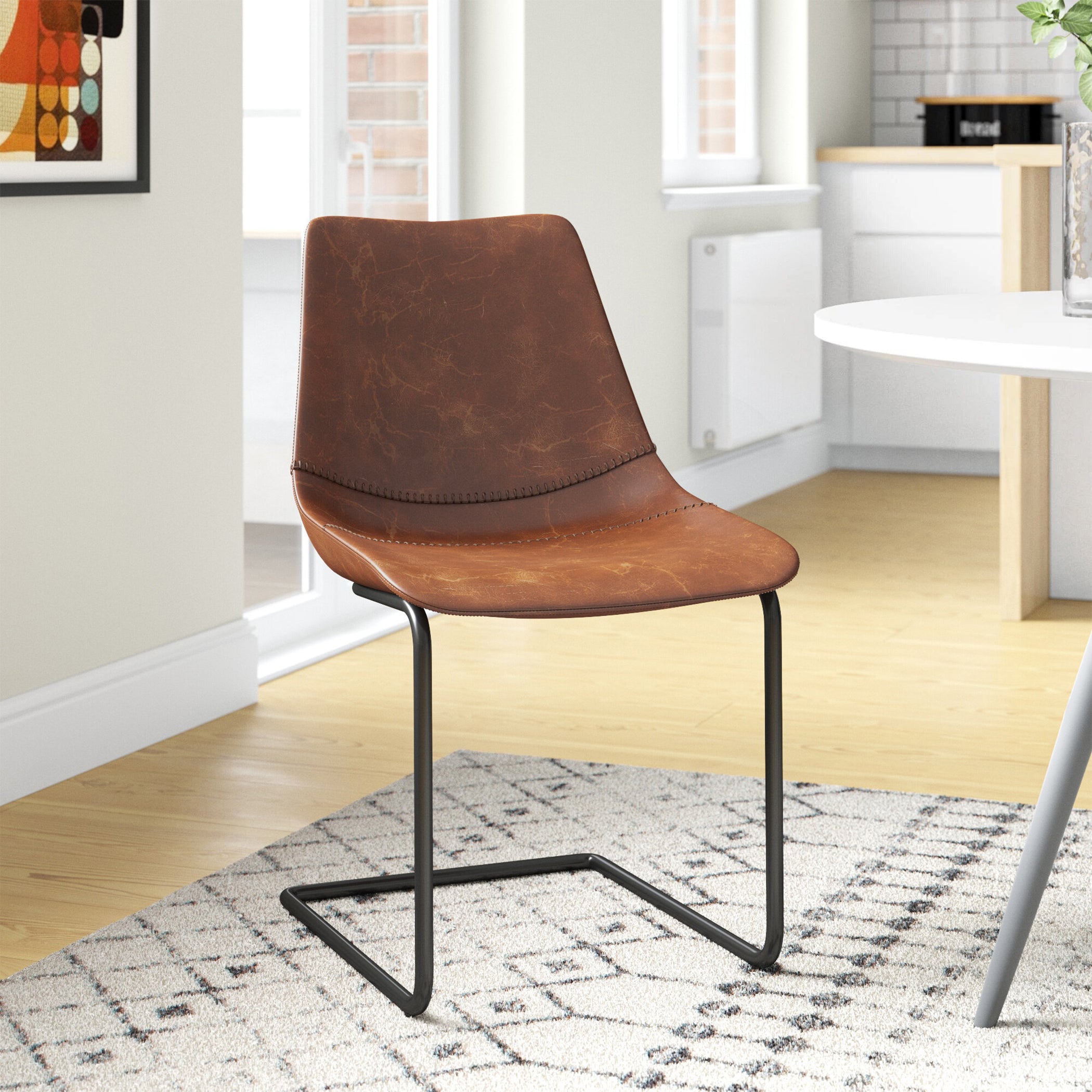 Flynn Side Chair Set of 2 - Genuine Leather Upholstery & Coated Metal Legs - Modern Dining Room, Kitchen, or Office Seating