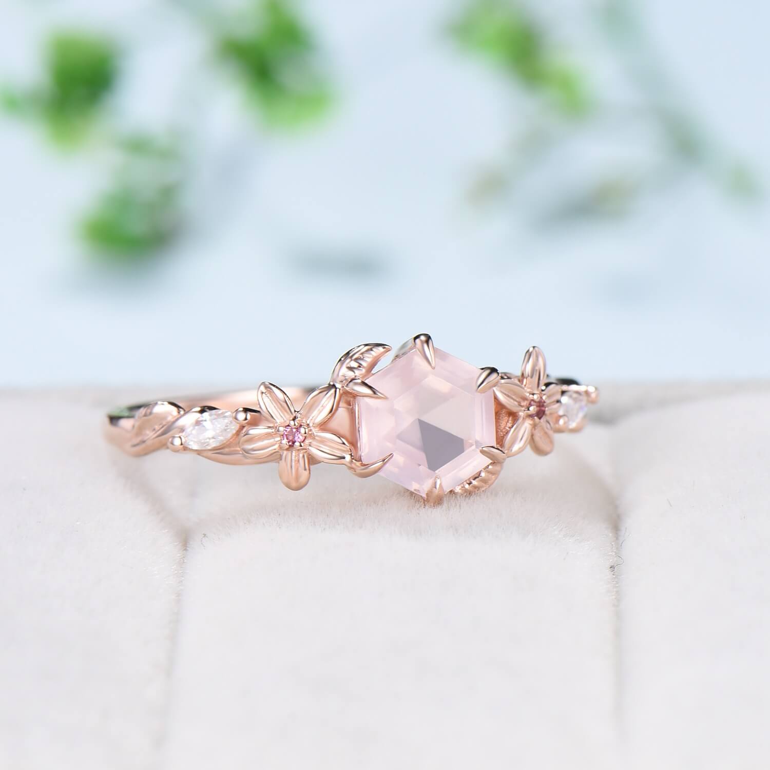 Vintage Nature-Inspired Rose Quartz Engagement Ring for Women - Unique Pink Tourmaline Wedding Band with Twisted Leaves Design | Perfect for Boho, Retro & Romantic Weddings