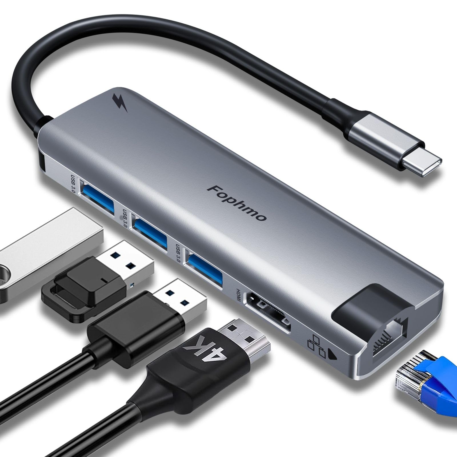 Fophmo USB C Hub with Ethernet - 7-in-1 Multiport Adapter for MacBook Pro, 4K HDMI, 100W PD Charging, 3 USB 3.0 Ports, 1Gbps LAN - Compatible with Type C Devices (Mac/iPad Pro/Dell/HP) - Perfect for Home Office, Remote Work & Travel