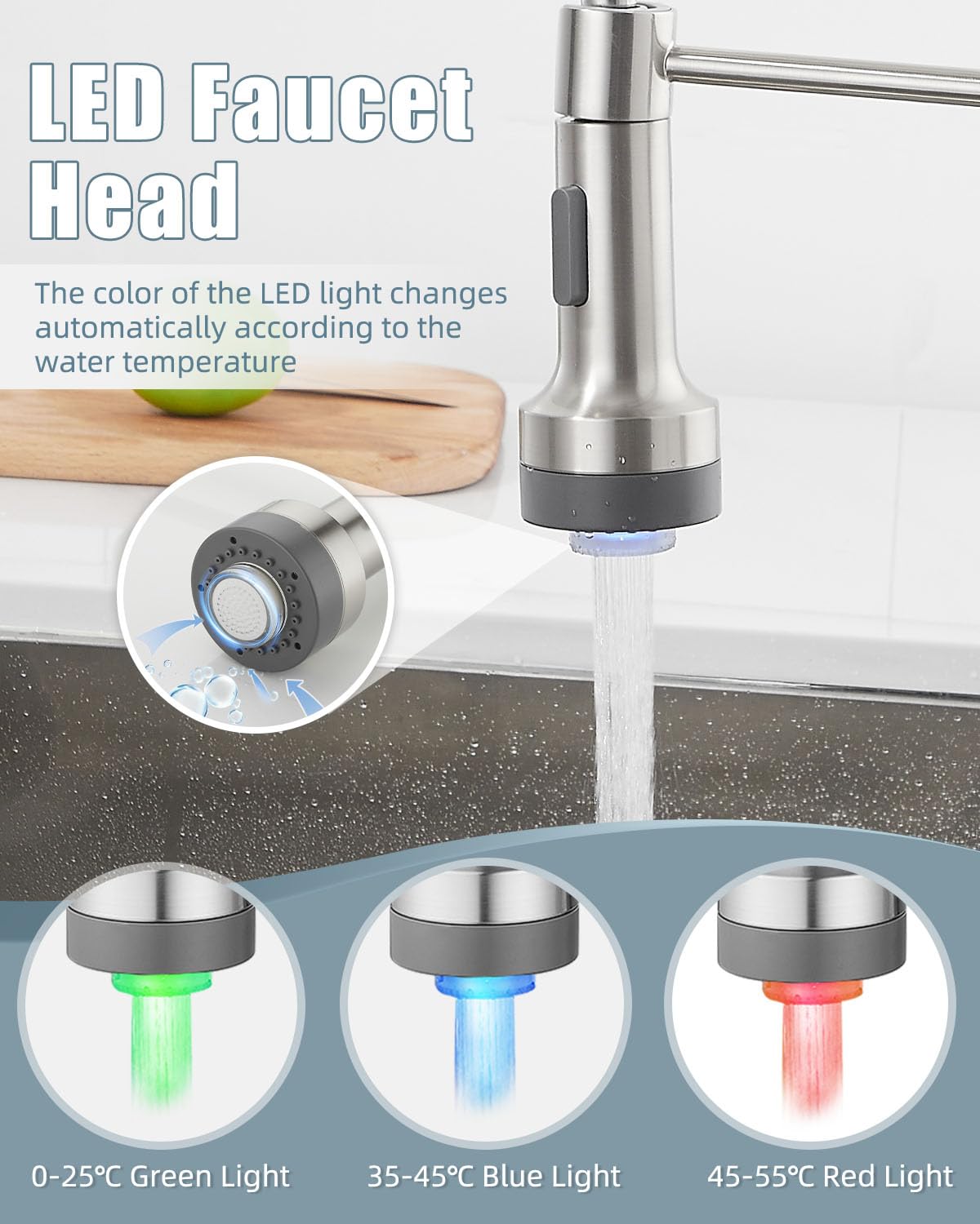 LED Light Kitchen Faucet with Soap Dispenser - Brushed Nickel Single Handle Pull Down Sprayer Stainless Steel Sink Faucet for RV, Camper, Farmhouse & Home Kitchen - Perfect for Modern, Small & Mobile Living Spaces