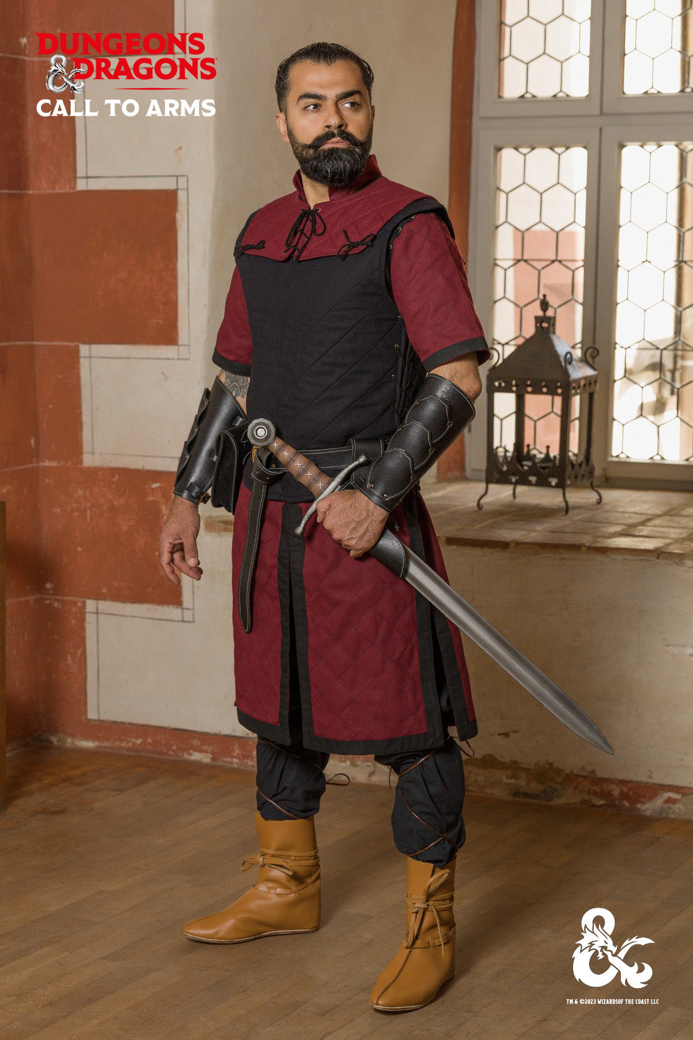 Dungeons & Dragons Fighter Costume Set - Medieval LARP Garment in Bordeaux & Black for Cosplay, Halloween, and Role-Playing Games