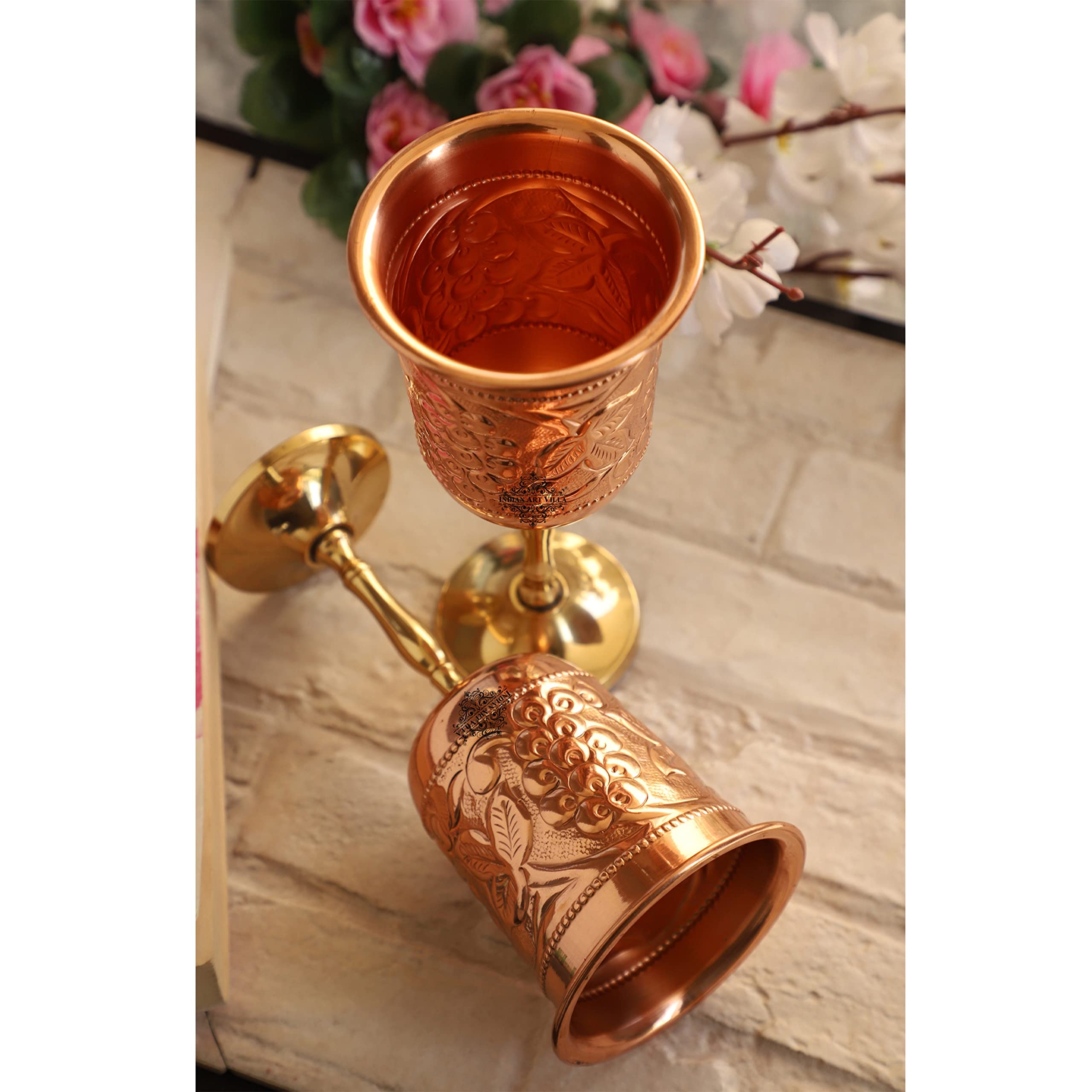 Pure Copper Wine Glass Set of 4 - 10oz Handcrafted Cups with Grape Vine Embossed Design & Brass Base - Elegant Barware for Wine, Cocktails, Restaurants, Hotels & Home Entertaining