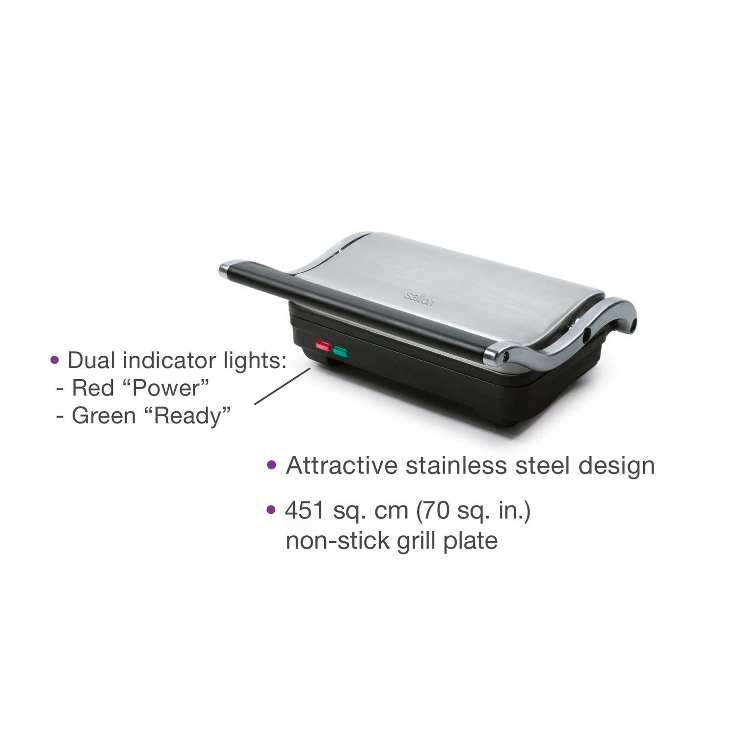 SALTON SG1263 Stainless Steel Panini Grill Press - Perfect for Sandwiches, Paninis & Breakfast Cooking at Home or Restaurant Use