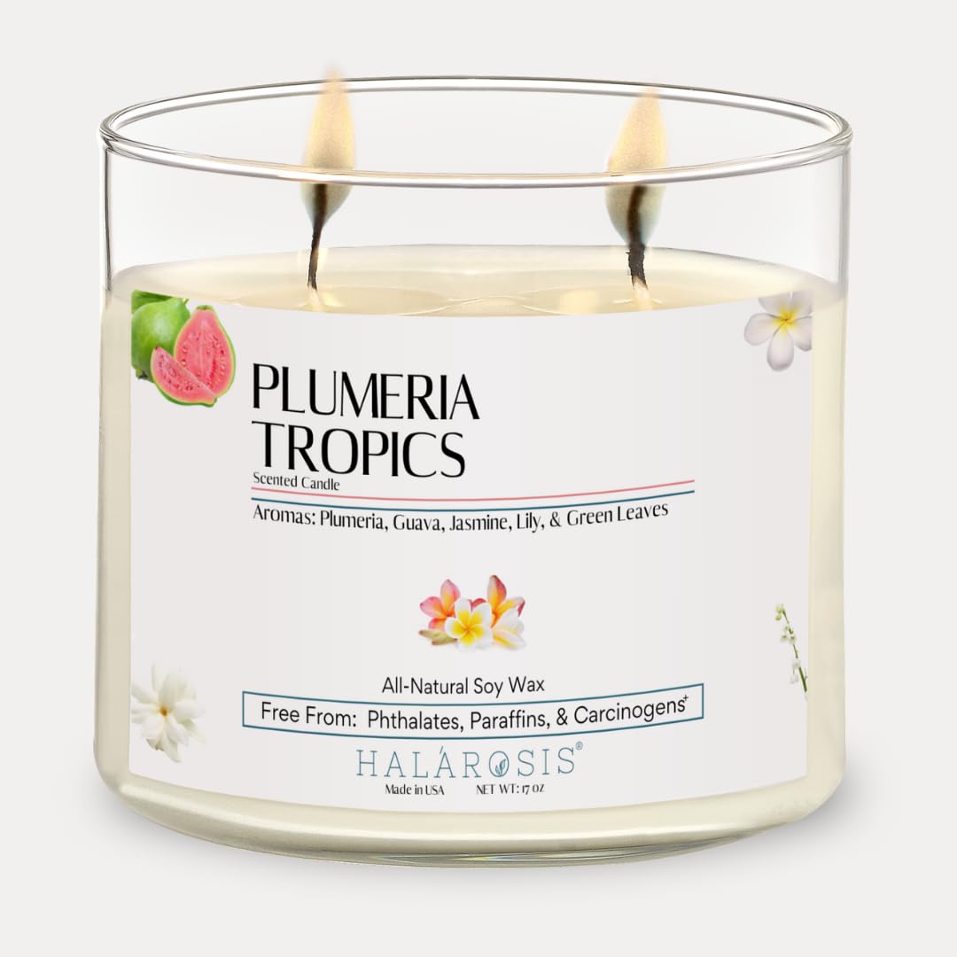 Premium Halarosis Soy Candles - 60-Hour Long Burning Plumeria Scented Candle with Cotton Wick - Perfect Birthday, Housewarming & Holiday Gift - Home Fragrance for Living Room, Bedroom & Bathroom (Plumeria Tropics 17oz)