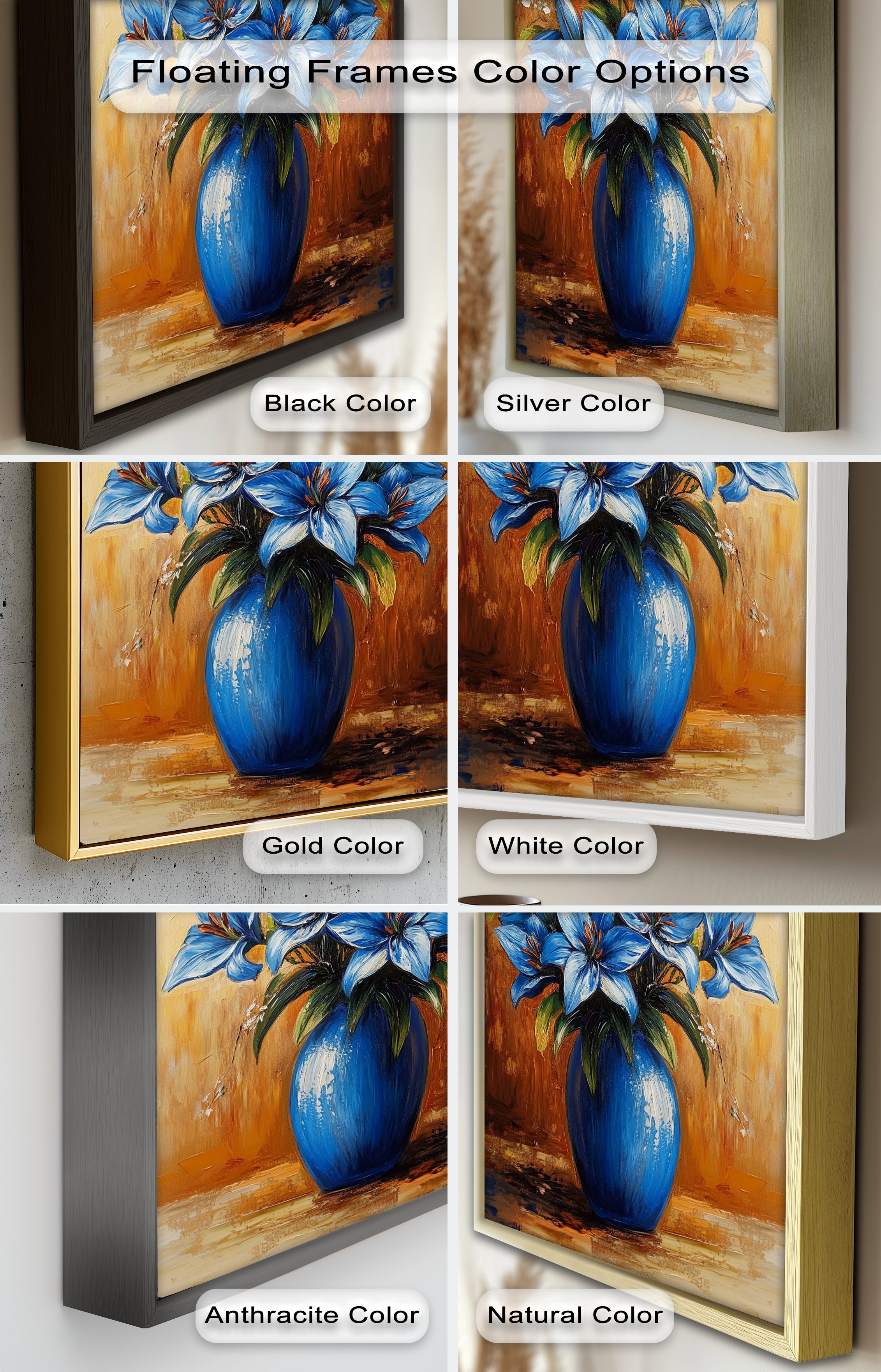 Azure Blossoms in Blue Vase - Hand-Painted Floral Oil Canvas Artwork for Living Room Decor | Wall Art for Home & Office
