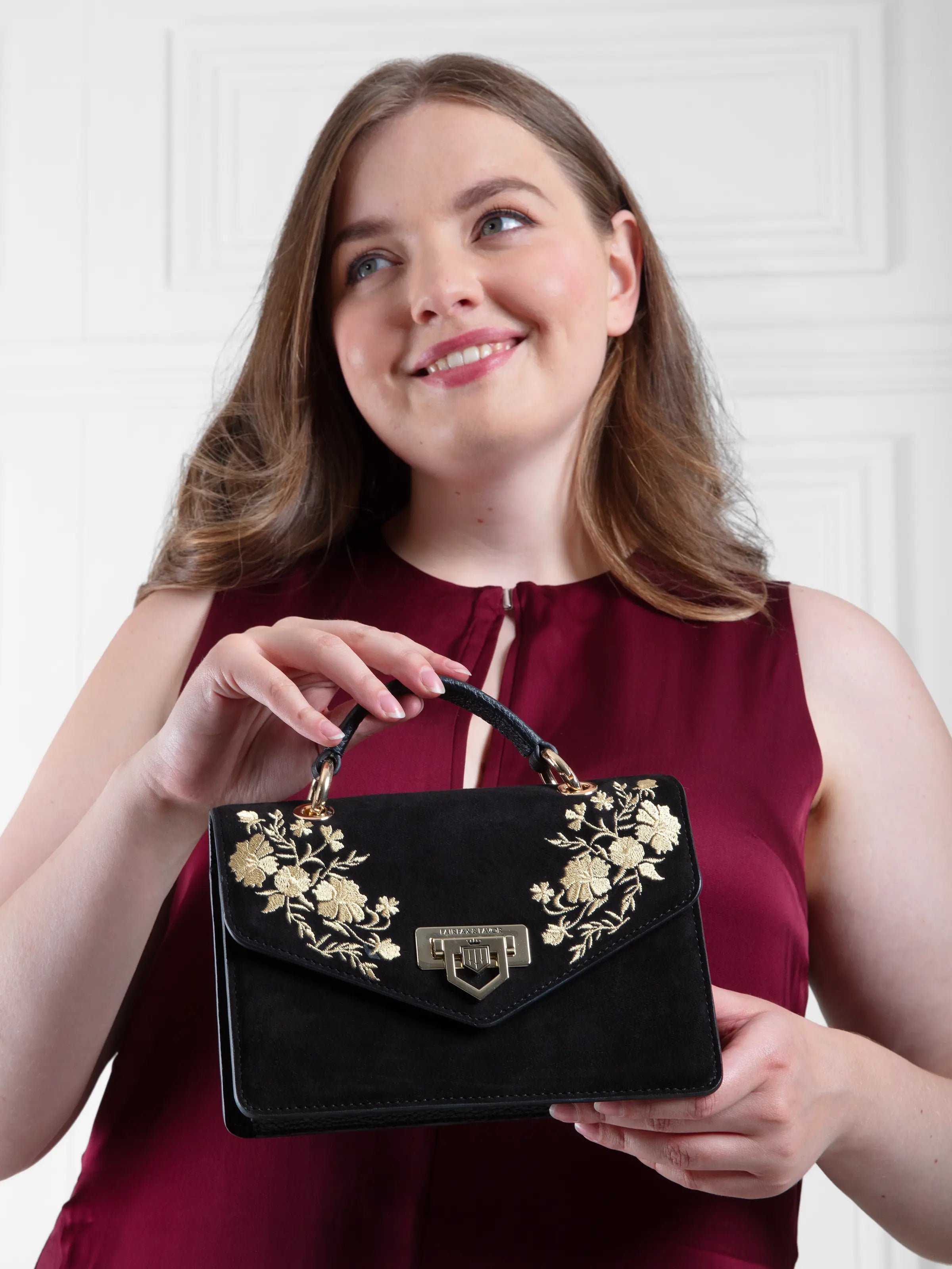 Loxley Mini Crossbody Bag - Embroidered Black Suede Leather Purse for Women | Fashion Shoulder Bag for Daily Use, Travel & Date Night