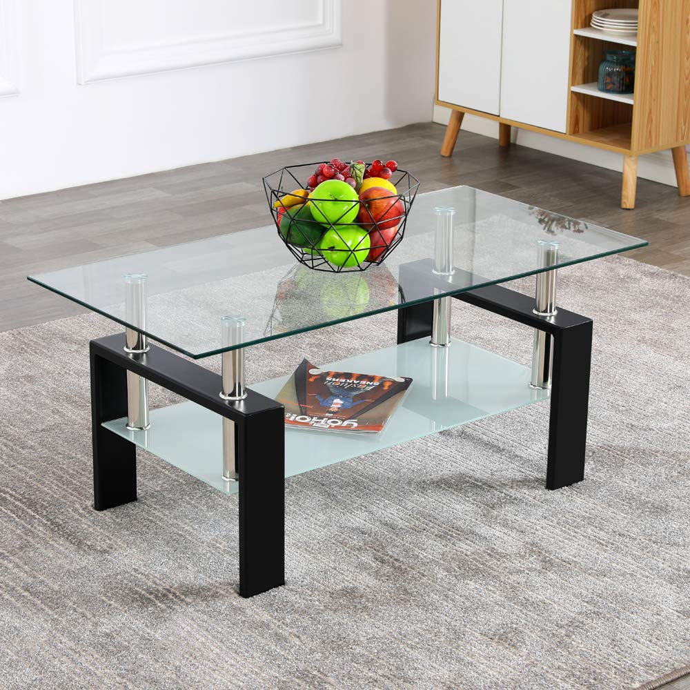 39.7 Inch Clear Glass Coffee Table for Living Room - Modern Rectangle Glass Coffee & Tea Table with Tempered Safety Glass - Perfect for Small Spaces, Apartments & Lounge Areas (39.7
