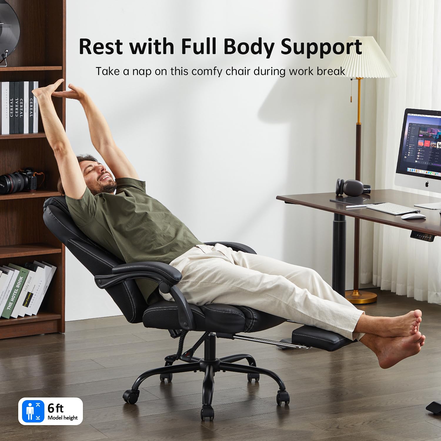 Ergonomic Big and Tall Office Chair with Footrest & Lumbar Support - High Back Reclining Leather Desk Chair for Home Office (Black) - Perfect for Long Work Hours & Gaming Sessions