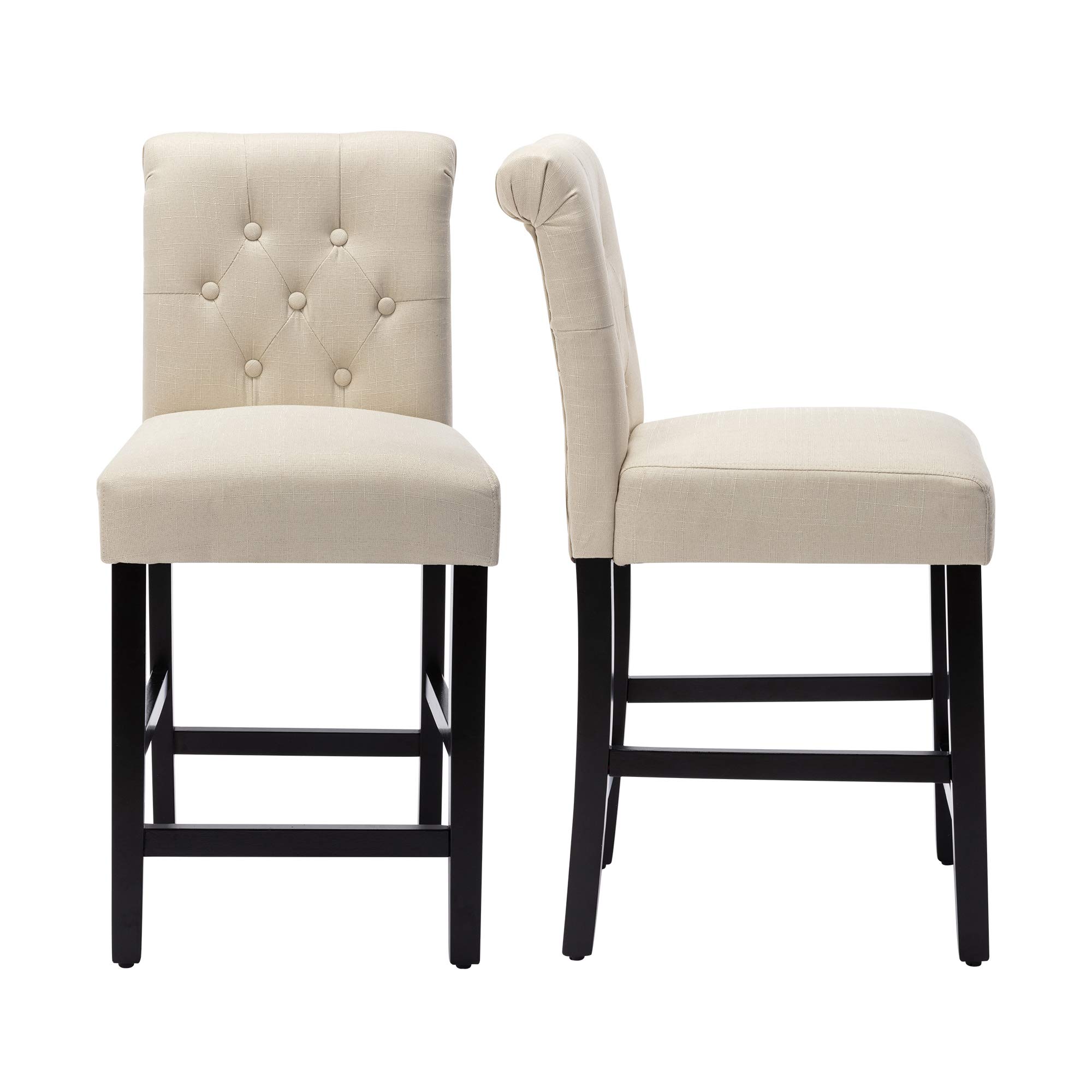 GOTMINSI 24 Inch Beige Fabric Counter Stools, Set of 2 Upholstered Bar Stools with Button Tufted Back, Counter Height Chairs for Kitchen Island, Dining & Bar - Wooden Legs, Comfortable Leisure Style Seating for Home Decor
