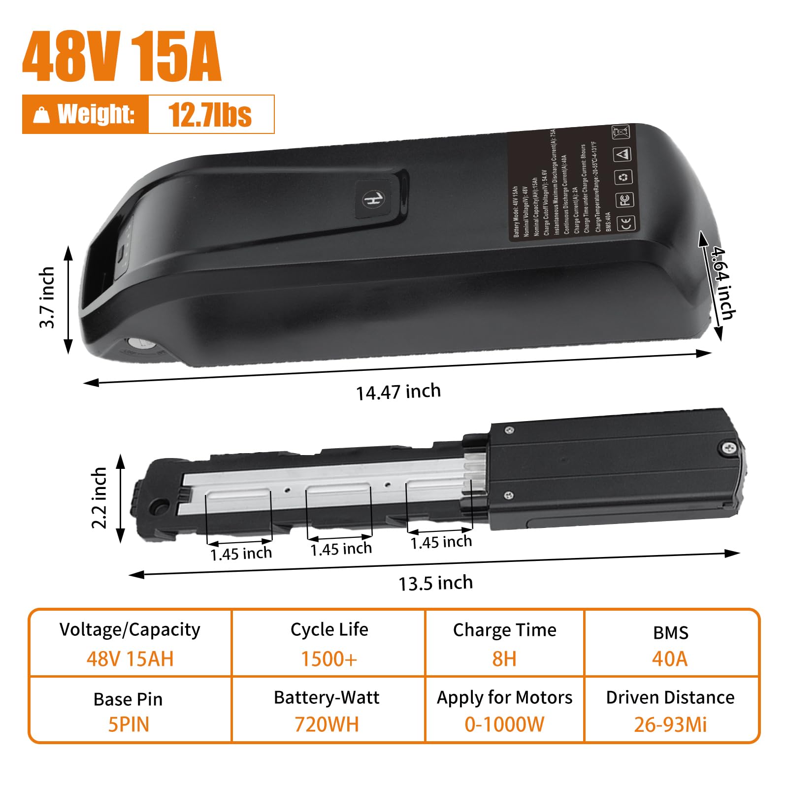 48V 15AH Lithium Electric Bike Battery with 40A BMS - Compatible with 500W 750W 1000W 1200W 1500W Ebike Motors - USB Output, Safety Lock & LED Display - Perfect for Electric Motorcycles, Tricycles & Mountain Bikes - Ideal for Commuting, Off-Road Adventures & Urban Riding