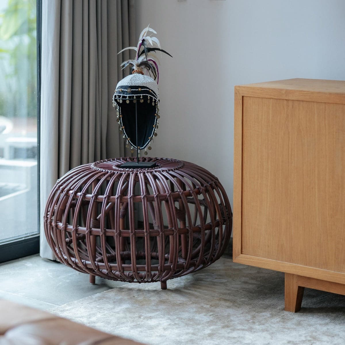 Albini Rattan Round Table Ottoman - Stylish and Durable Coffee Table with Storage for Living Room, Patio, or Garden Decor