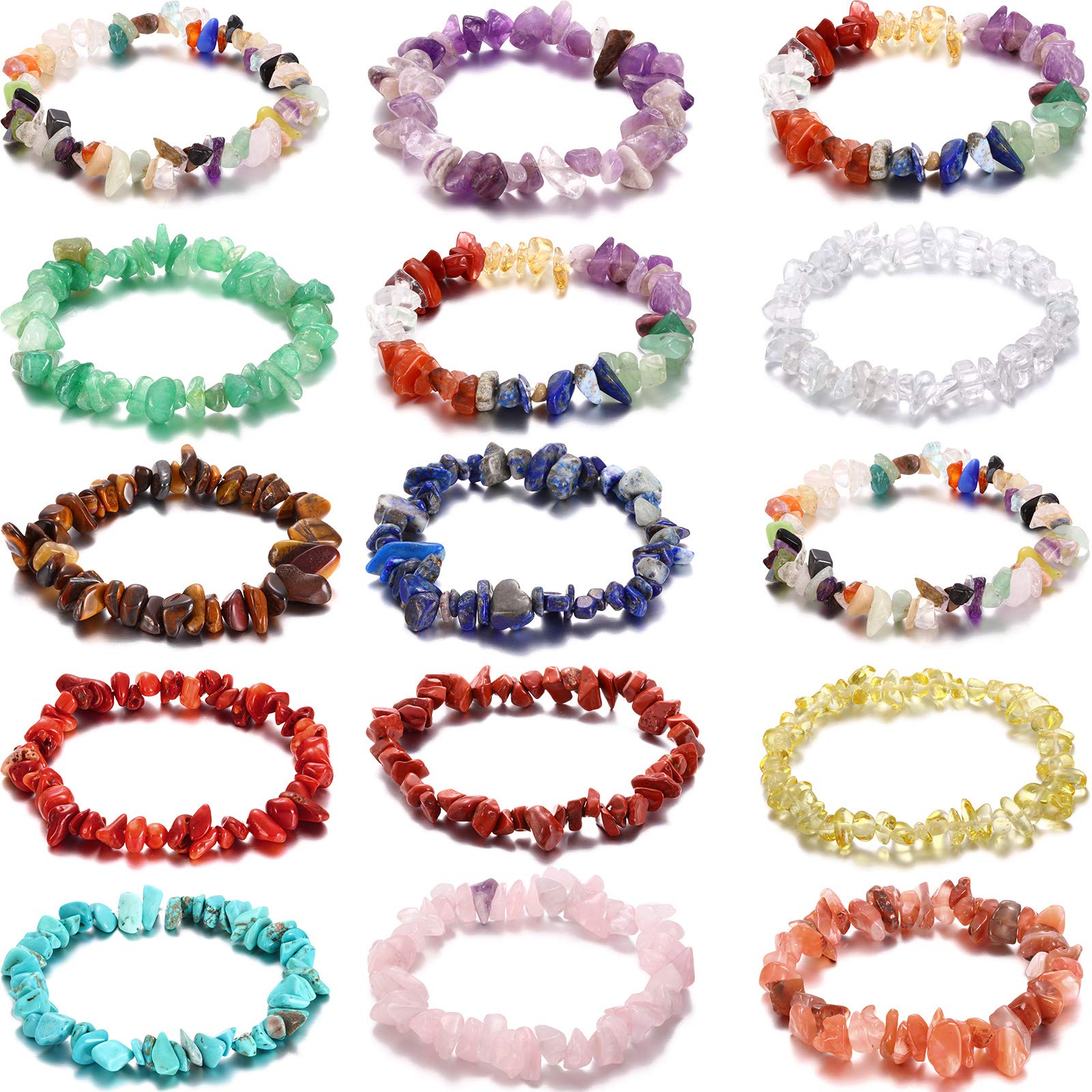 Hicarer 15-Piece Natural Gemstone Stretch Bracelet Set - Healing Crystal Beaded Bracelets for Women, Irregular Chips Spiritual Jewelry | Perfect for Summer, Beach Wear, Meditation & Gift Giving