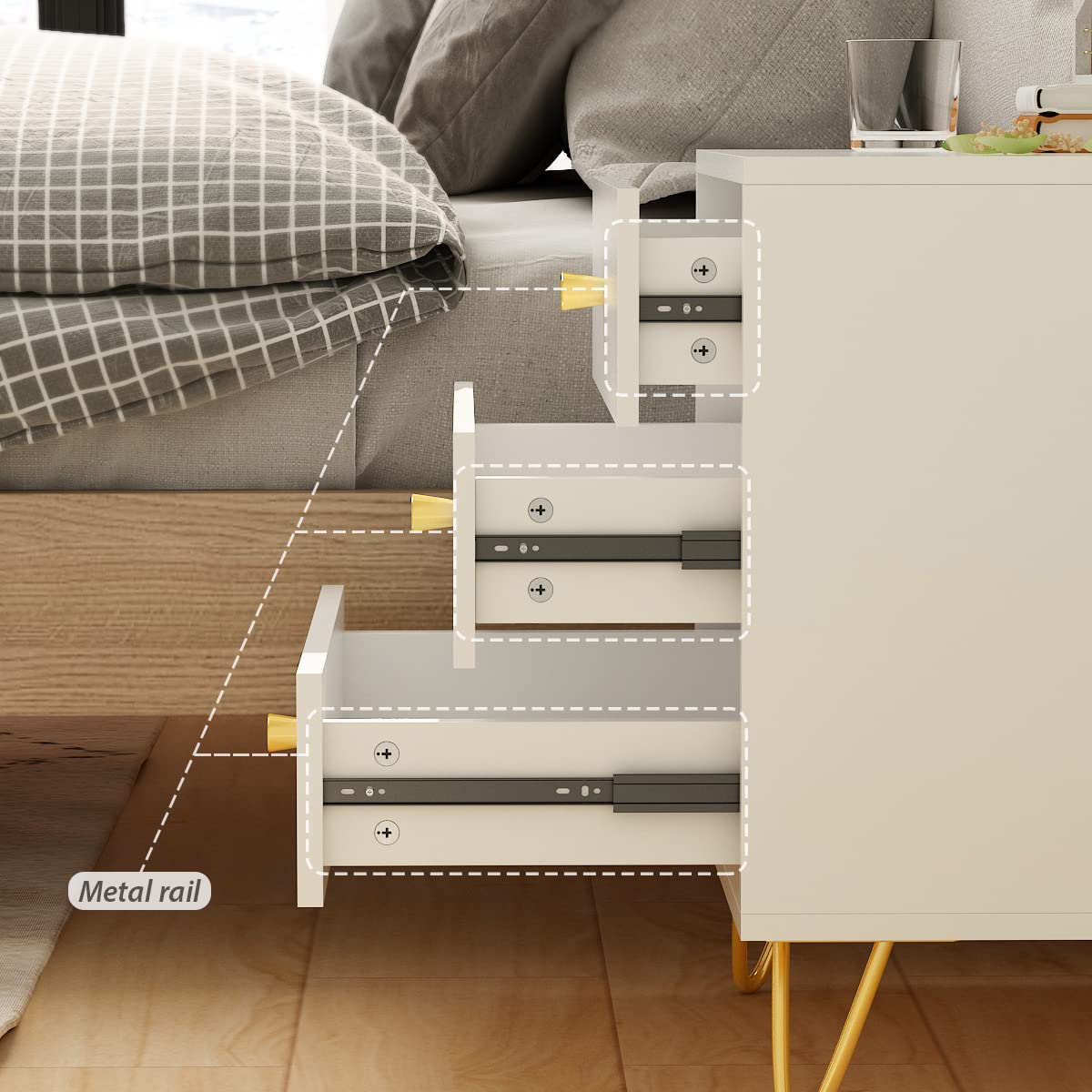 AIEGLE White Nightstand Set of 2 - Modern Bedside Tables with 3 Drawers, Gold Metal Legs - 19.6