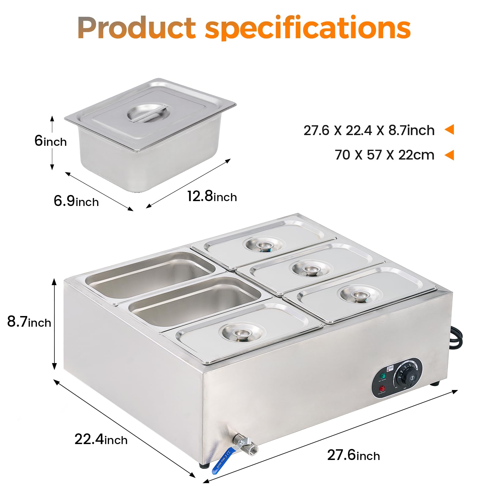 6-Pan Commercial Food Warmer - 1200W Stainless Steel Electric Steam Table | 46Qt Bain Marie for Catering, Restaurants & Buffets | Perfect for Parties, Events & Food Service
