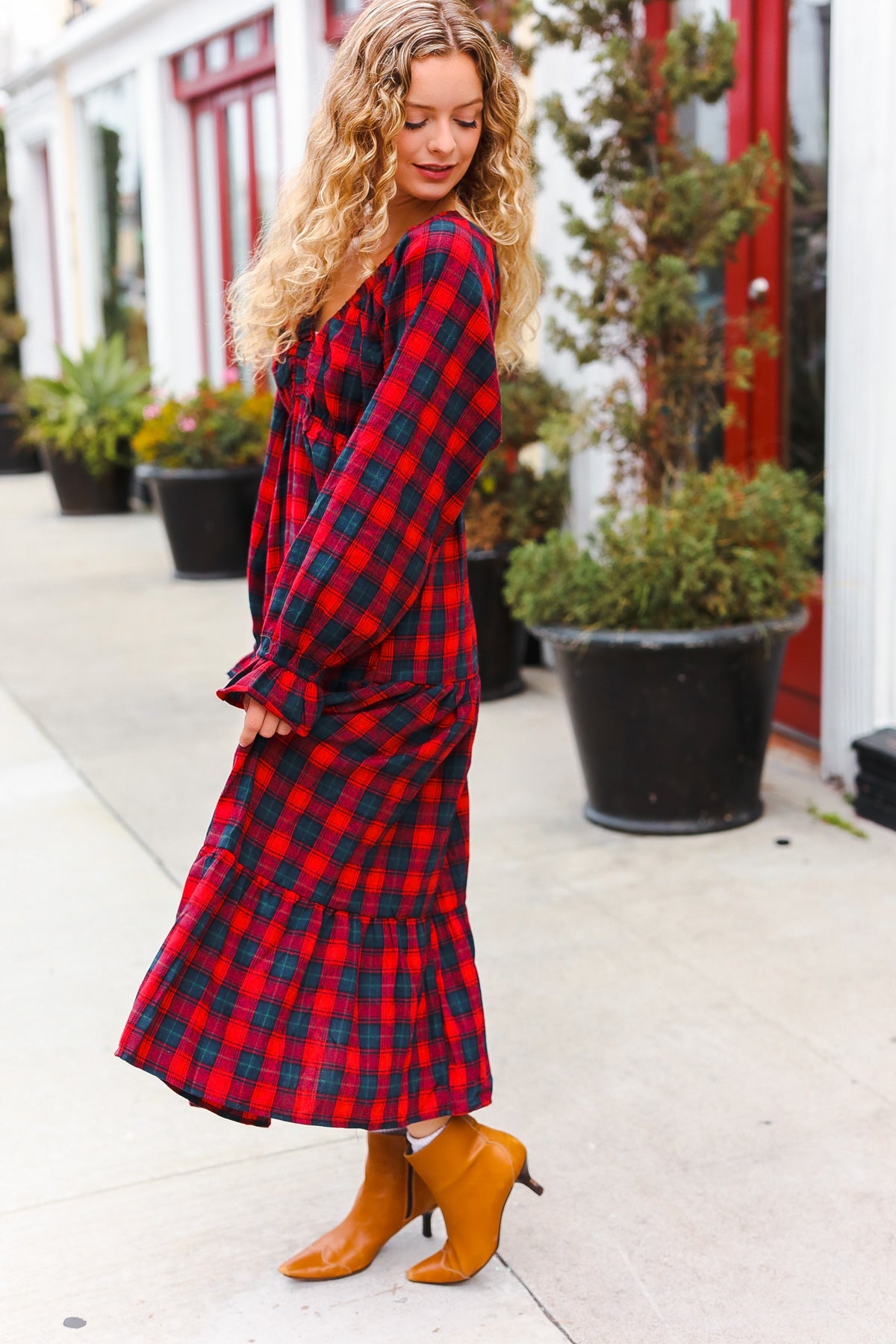 Stylish Red Plaid Elastic V-Neck Tiered Maxi Dress for Women | Flowy Long Summer Dress | Perfect for Beach, Vacation & Casual Outings