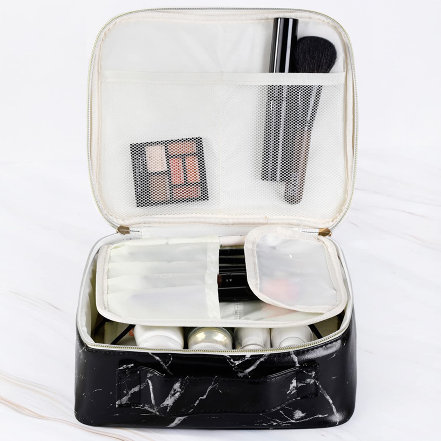 House of Quirk Portable Travel Makeup Bag for Women - Waterproof Cosmetic Organizer with Detachable Brush Pouch (Black Marble) | Perfect for Vacation, Gym & Daily Essentials Storage
