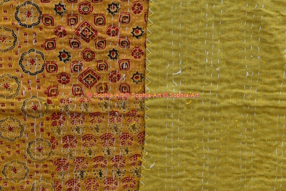 Sophia Art Queen Size Hand Block Print Kantha Quilt 90x108 Inch - Ajrakh Bedspread with Vegetable Dye | Indigo Print Cotton Blanket (Yellow Patch) for Bedroom Decor, Boho Chic Home, Guest Room & Cozy Throw