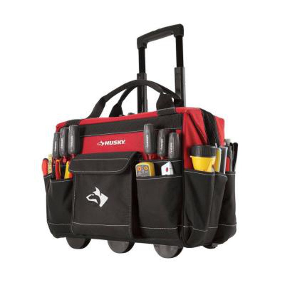 Husky GP-43196N13 18-Inch 600D Waterproof Rolling Tool Bag with Extendable Handle - Heavy Duty Contractor Tote for Construction, Plumbing & Electrician Work (Red)