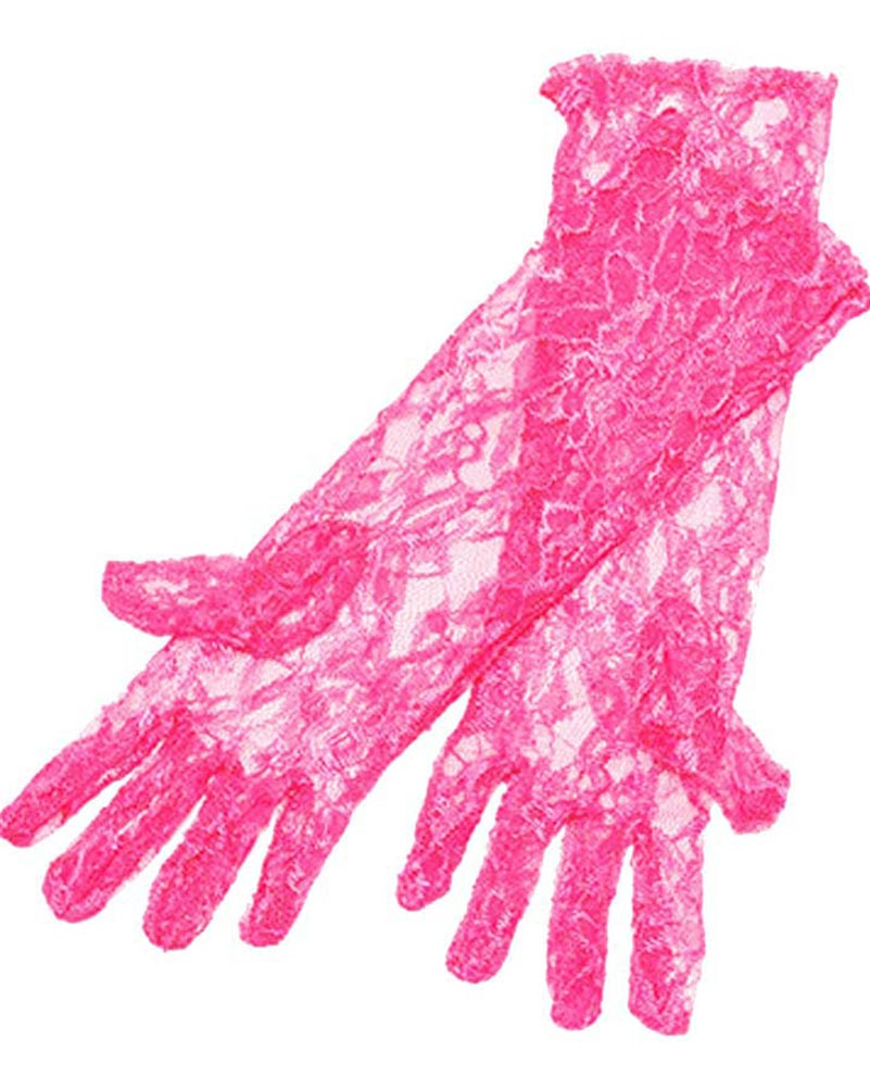 80s Retro Neon Pink Lace Gloves for Women - Vintage Fashion Accessory for Cosplay, Halloween, Parties & Nightlife