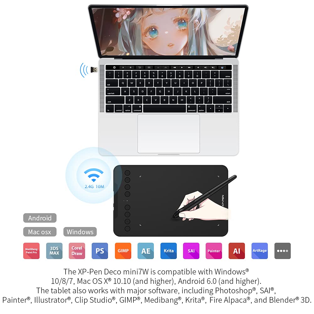 XPPen Deco mini7W Wireless Drawing Tablet - 7 x 4 Inch Graphic Tablet with 8192 Pressure Levels, Compatible with Windows/Mac/Android/Chrome/Linux - Perfect for Digital Art, Online Teaching & E-Learning