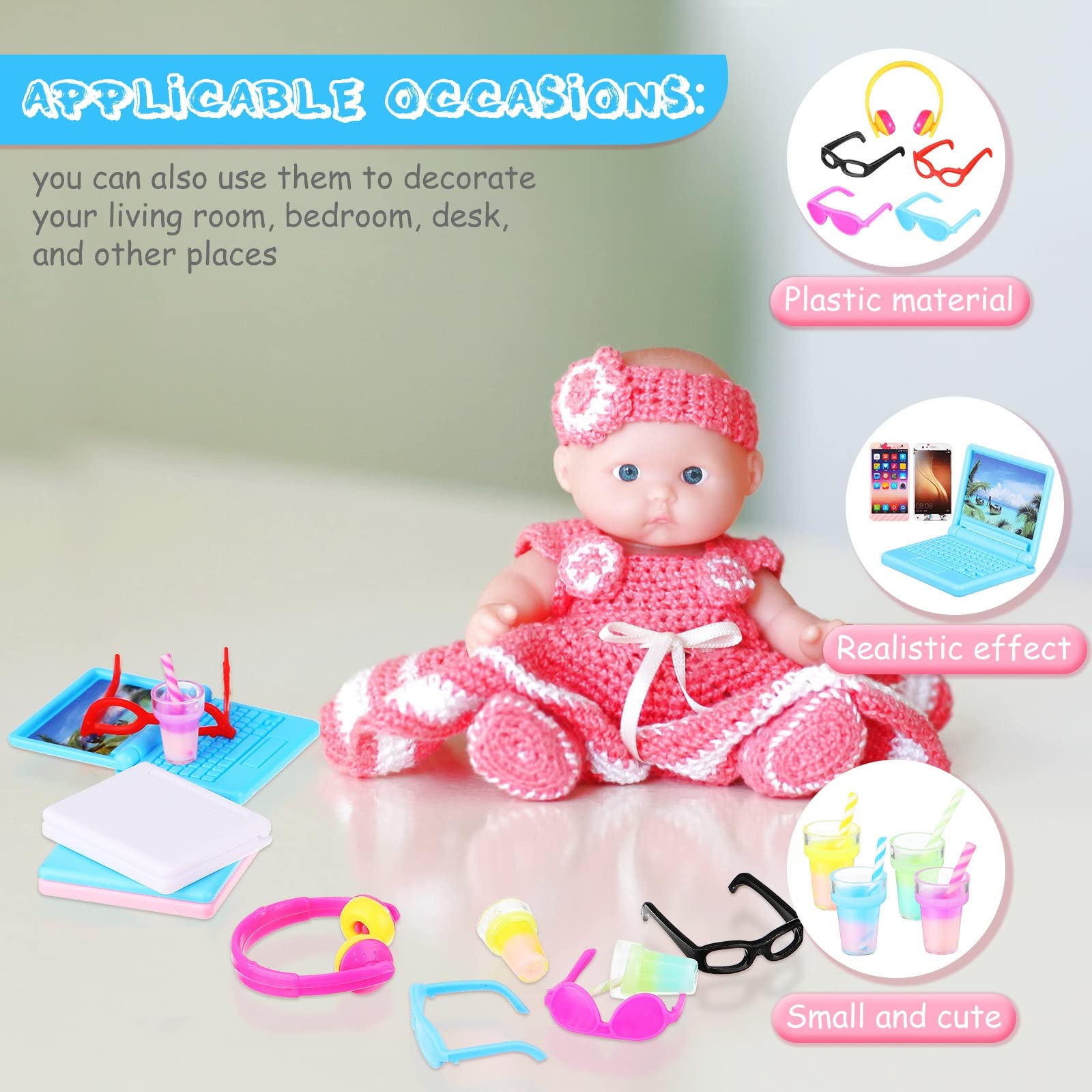 20-Piece Miniature Dollhouse Accessories Set - Tiny Laptop, Phone, Glasses, Headset & Drink Toys for Dolls (Cute Style) | Perfect for Dollhouse Decor, Role Play & Collectible Displays