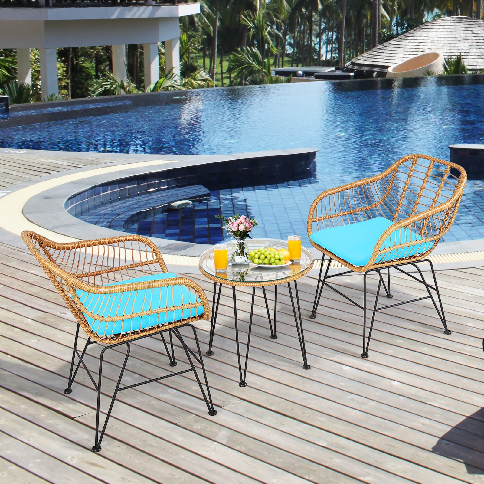 **Tangkula 3-Piece Patio Bistro Set - Rattan Wicker Conversation Set with 2 Cushioned Armchairs & Round Glass Coffee Table - Indoor/Outdoor Furniture for Balcony, Backyard, Garden, Poolside - Perfect for Relaxing, Entertaining & Outdoor Dining**