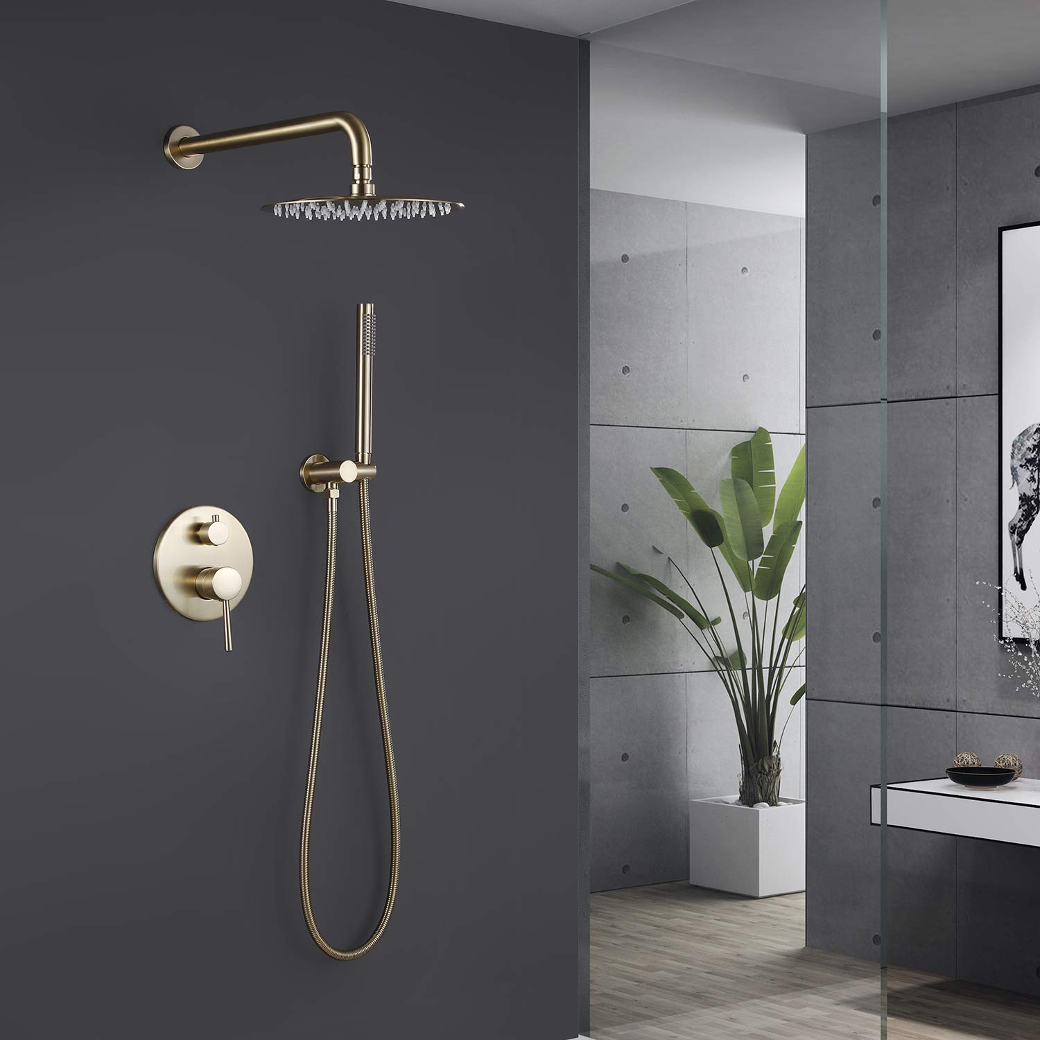RBROHANT Brushed Gold Shower Faucet Set - 10 Inch Round Rainfall Shower Head with Handheld Spray, Wall Mounted Bathroom Fixture (Includes Rough-in Valve & Trim Kit) for Luxury Spa-Like Shower Experience