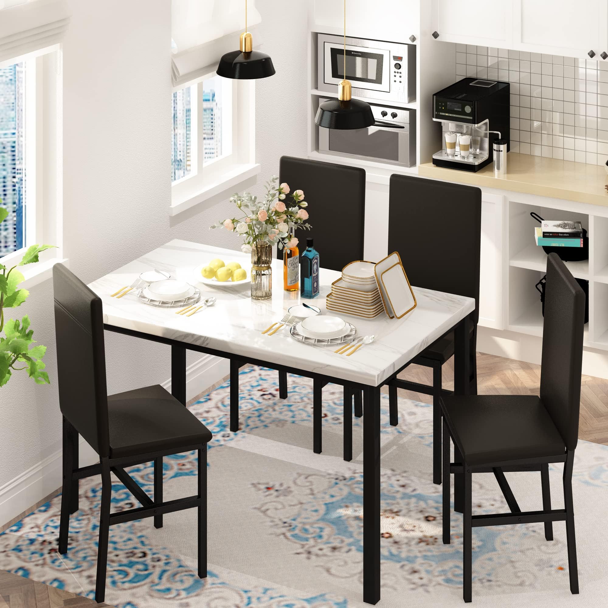 Hooseng Modern 5-Piece Dining Set - White Faux Marble Table with 4 PU Leather Chairs for Small Spaces | Perfect for Apartments, Home Bars & Compact Dining Areas