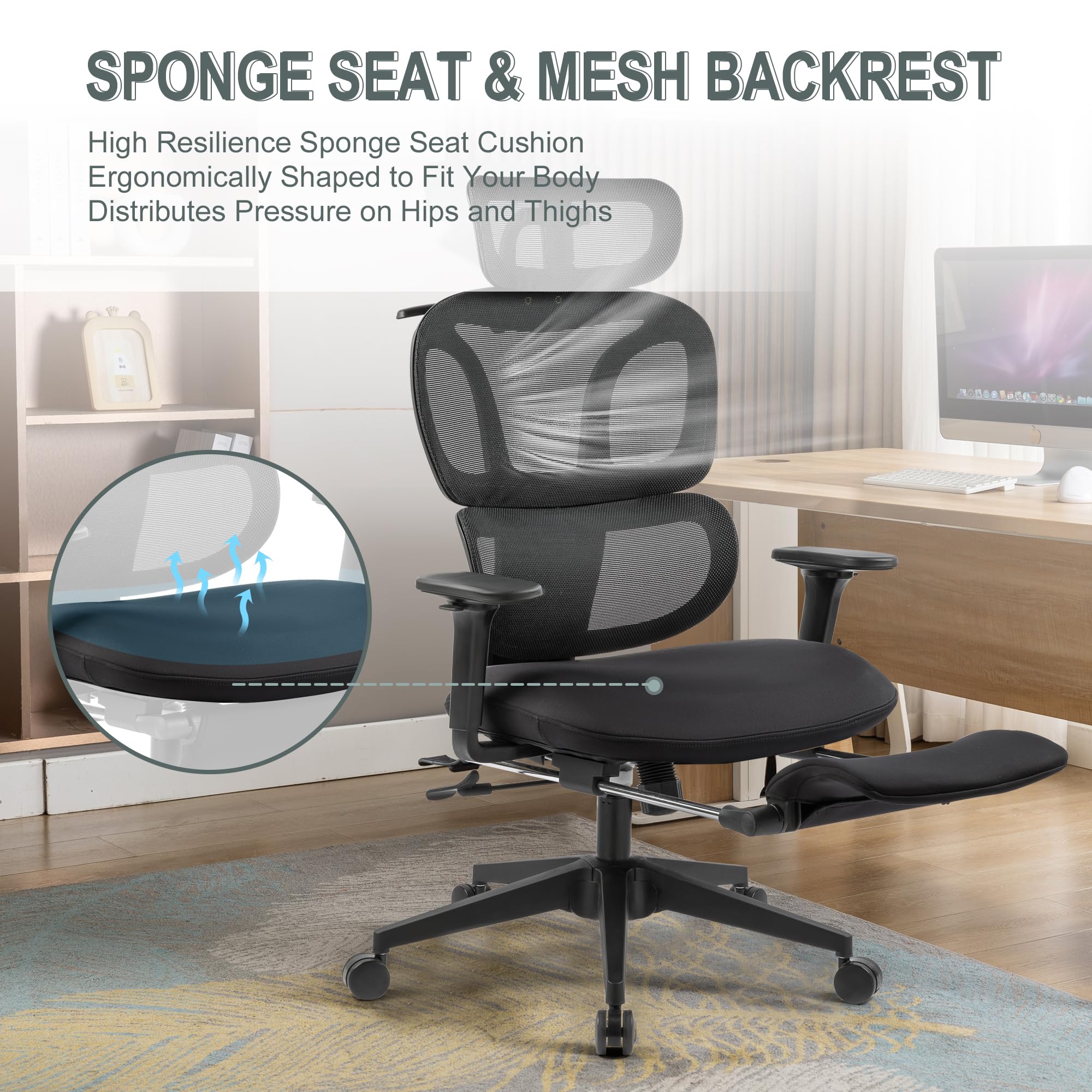Ergonomic Office Chair with Footrest & Coat Hanger - High Back Mesh Computer Chair with Lumbar Support - Breathable High Resilience Sponge Seat - Adjustable Reclining Home Office Desk Chair (Black) - Perfect for Long Work Hours, Gaming & Remote Work