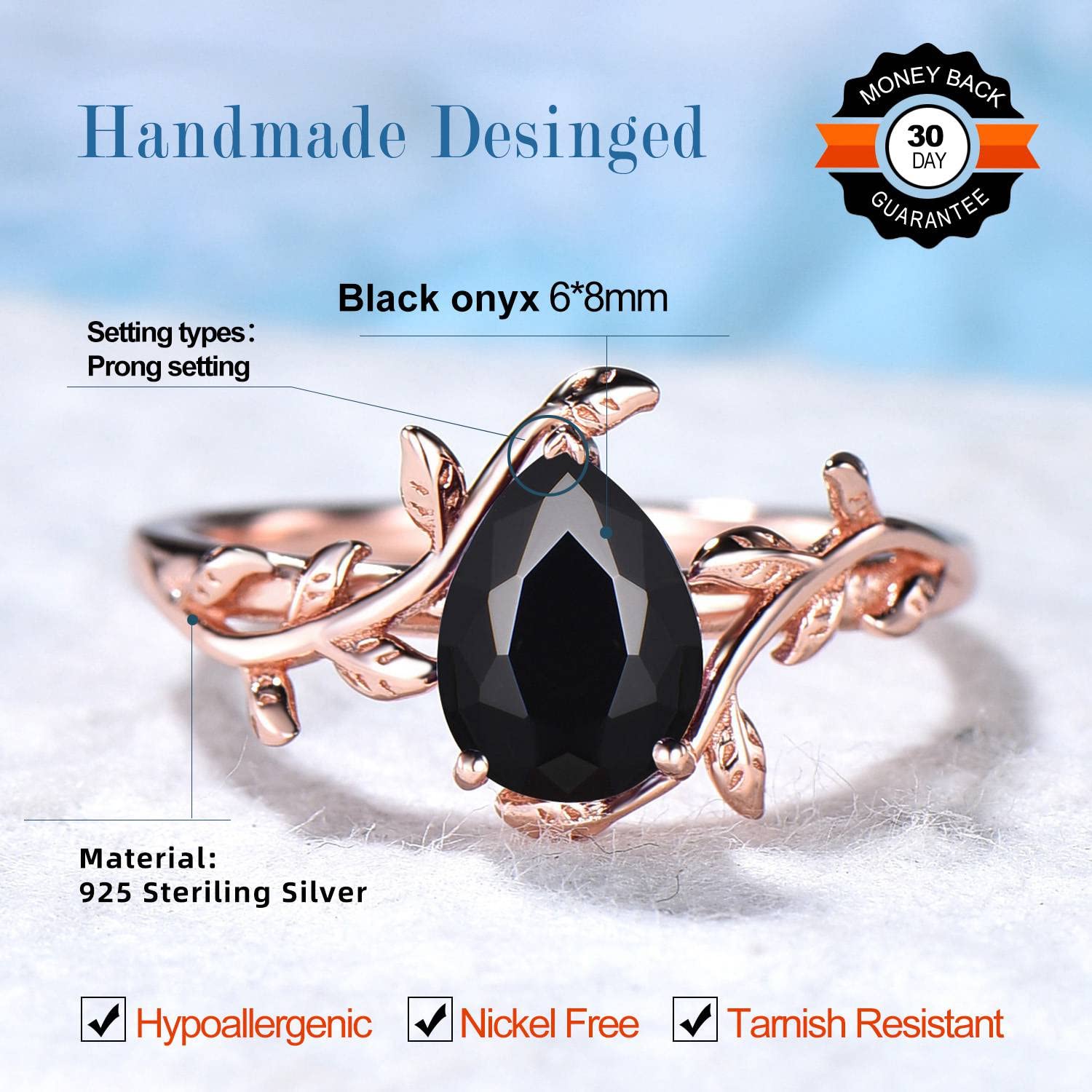 925 Sterling Silver Vintage Leaf Engagement Ring with Natural Pear Cut Black Onyx Stone – Elegant Wedding Band & Birthday Gift for Her | Perfect for Proposals, Anniversaries, and Special Occasions