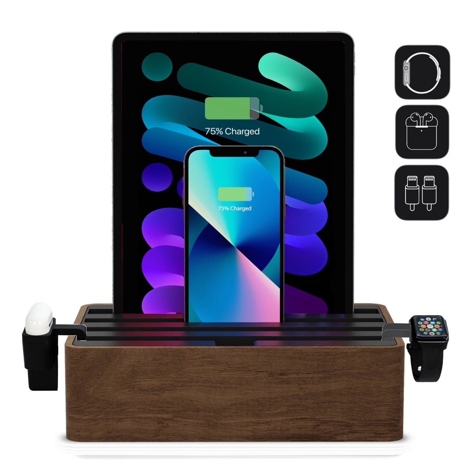 ALLDOCK Classic Walnut & Black Wooden Charging Station - Premium USB Hub for Multiple Devices - Perfect for Home Office Desk Organization