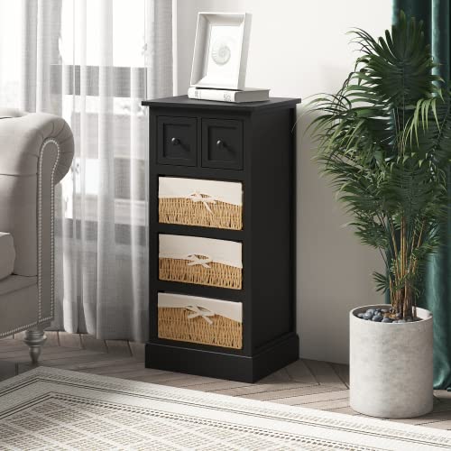 Vintage End Table with 3 Baskets - Espresso Accent Table for Living Room Decor