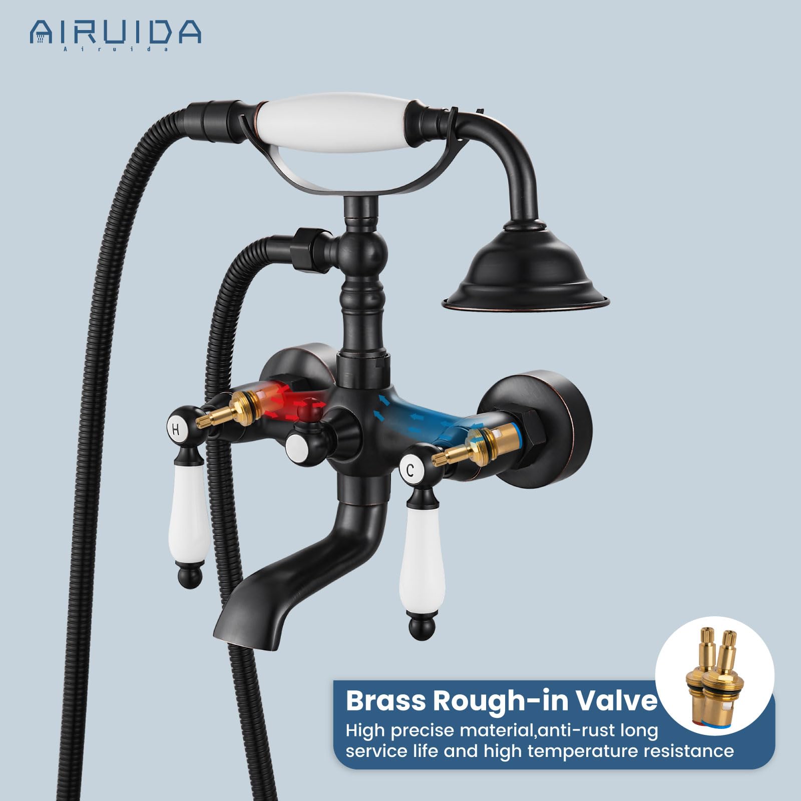 Oil Rubbed Bronze Wall Mount Tub Faucet with Telephone Shaped Handheld Shower Sprayer - Double Ceramic Lever Handles, Hot & Cold Water Mixer Tap - Perfect for Vintage & Industrial Style Bathrooms