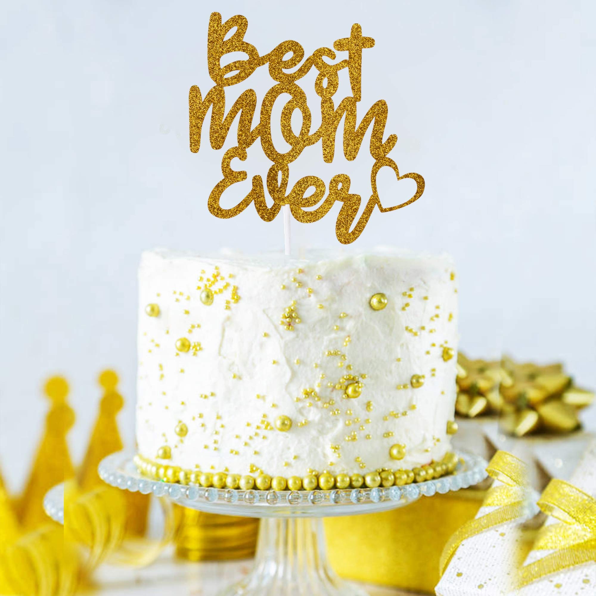 Best Mom Gold Glitter Cake Topper - Happy Mother's Day Letter Cake Decoration for Party, Birthday, Wedding & Special Celebrations