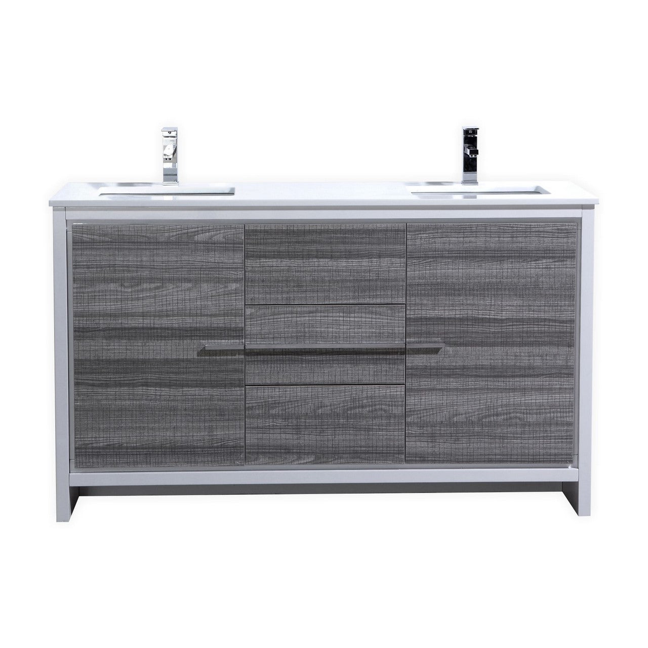 AD60 Double Sink Bathroom Vanity with Quartz Countertop in High Gloss Ash Grey - Floor Standing Modern Bathroom Cabinet for Master Bath or Guest Bathroom
