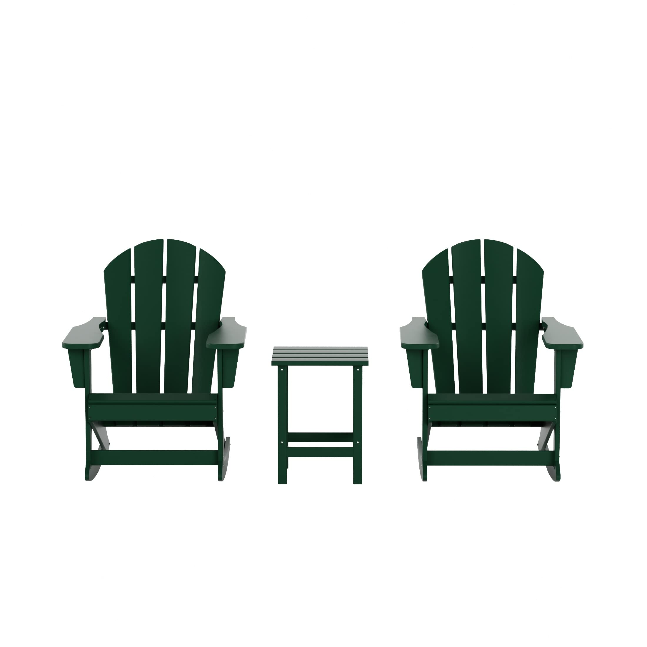 WO Home Furniture 3-Piece Patio Rocking Chair Set - Classic Outdoor Adirondack Rocker Chairs & Table in Dark Green - Perfect for Backyard, Garden, and Porch Relaxation
