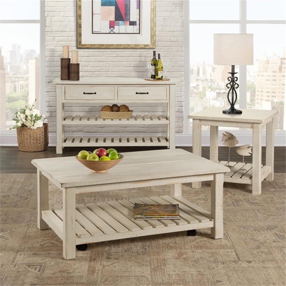 BOWERY HILL Solid Wood Barn Door Coffee Table - Antique White Finish | Rustic Farmhouse Living Room Furniture for Home Decor
