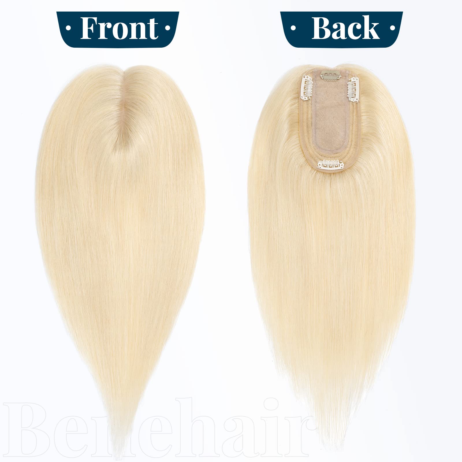 Benehair Clip-in Human Hair Topper for Women with Thinning Hair - 12 Inch 38g Remy Silk Base Hairpiece #613 Bleach Blonde - Natural Looking Hair Extensions for Daily Wear & Special Occasions