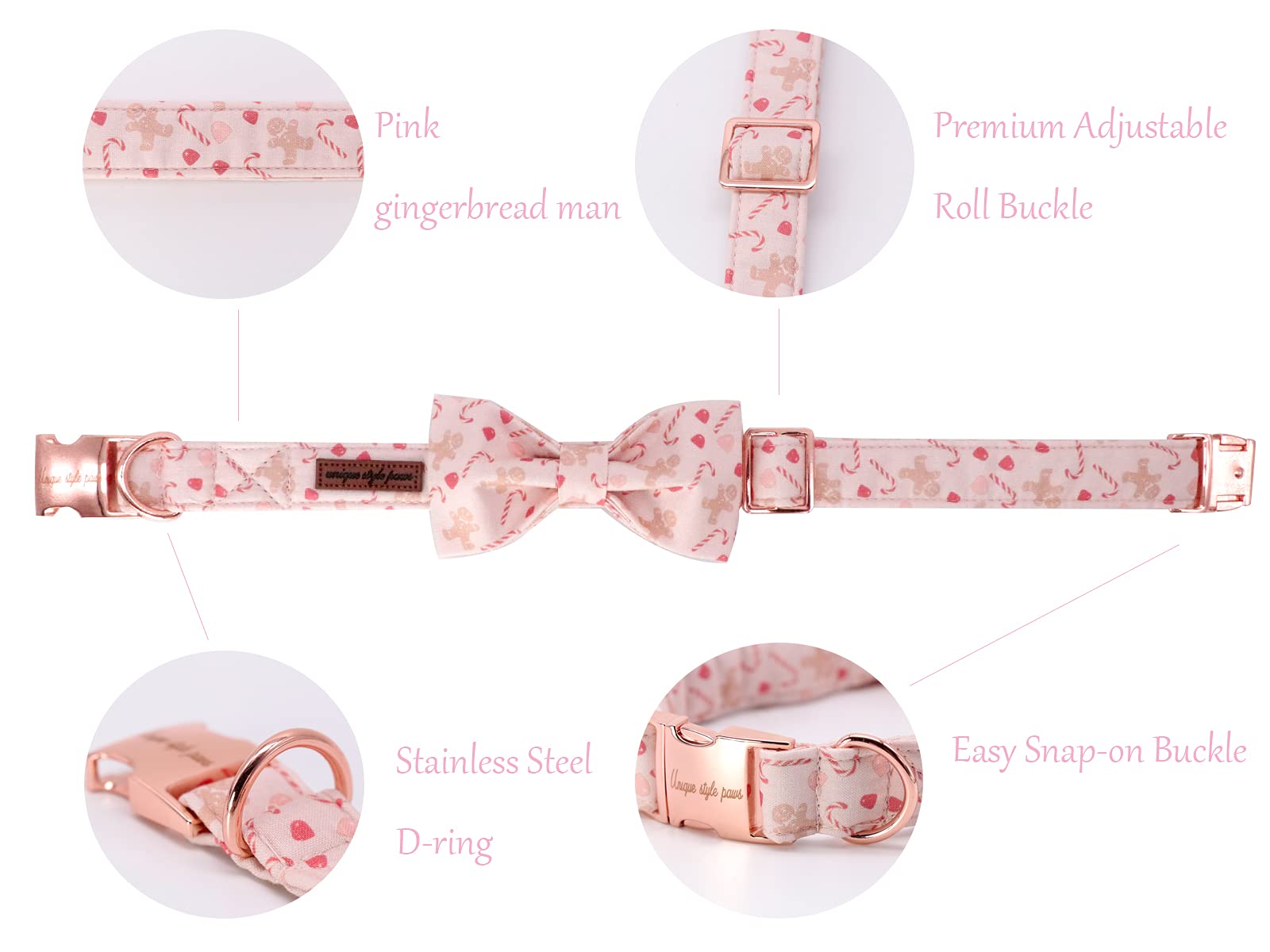 Stylish Adjustable Dog Collar with Bowtie - Christmas Gingerbread Man Design Pet Collar for Large Dogs | Perfect Gift for Boy & Girl Dogs | Great for Holidays, Parties & Daily Walks