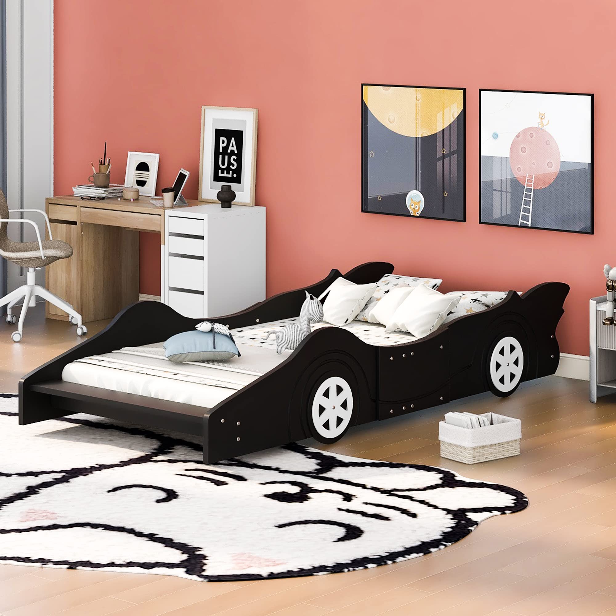 Race Car Twin Bed Frame for Kids - Lightning McQueen Wood Platform Bed with Wheels, No Box Spring - Perfect for Boys & Girls Bedrooms