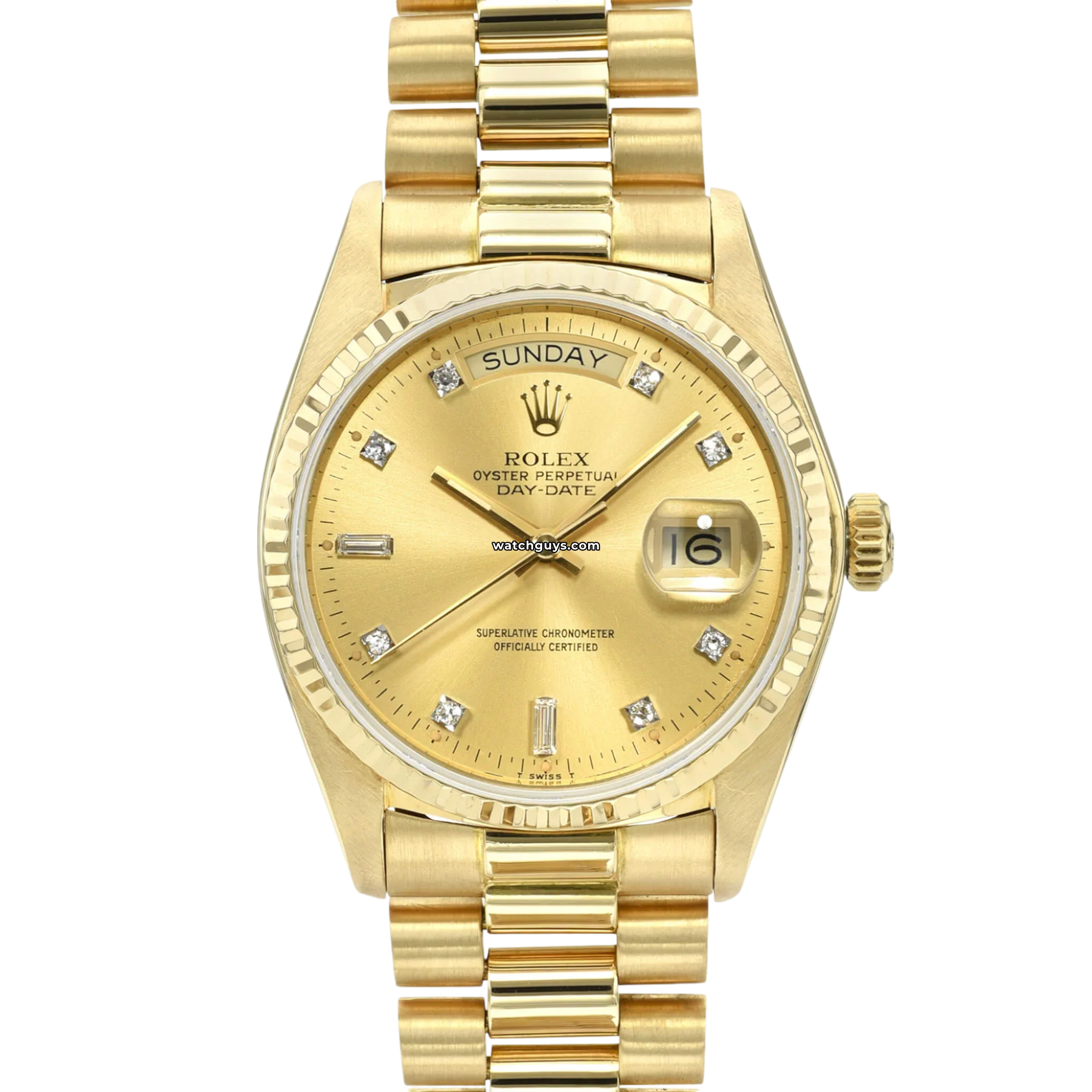 Rolex Day-Date 18038 18K Gold Men's Watch with Champagne Dial & Diamond Hour Markers - Luxury Dress Watch for Business & Formal Occasions