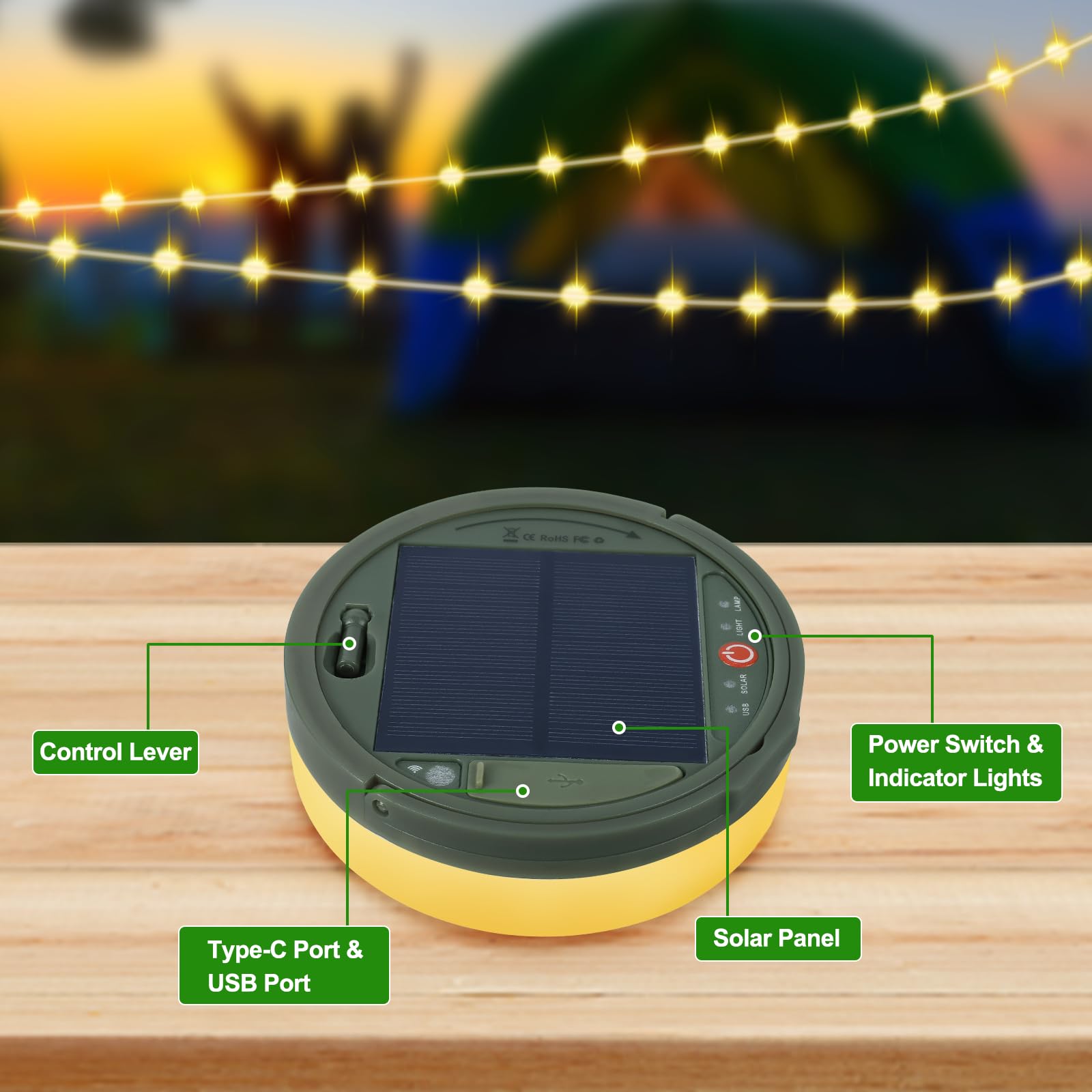 SMY Lighting 4-in-1 Solar Camping String Lights - 42.6Ft Ultra Long Outdoor String Lights with 160 Bright LEDs, Solar Powered & USB Rechargeable, Remote Control Included - Perfect for Camping, Hiking, Backyard, Patio, Garden, and Party Decorations