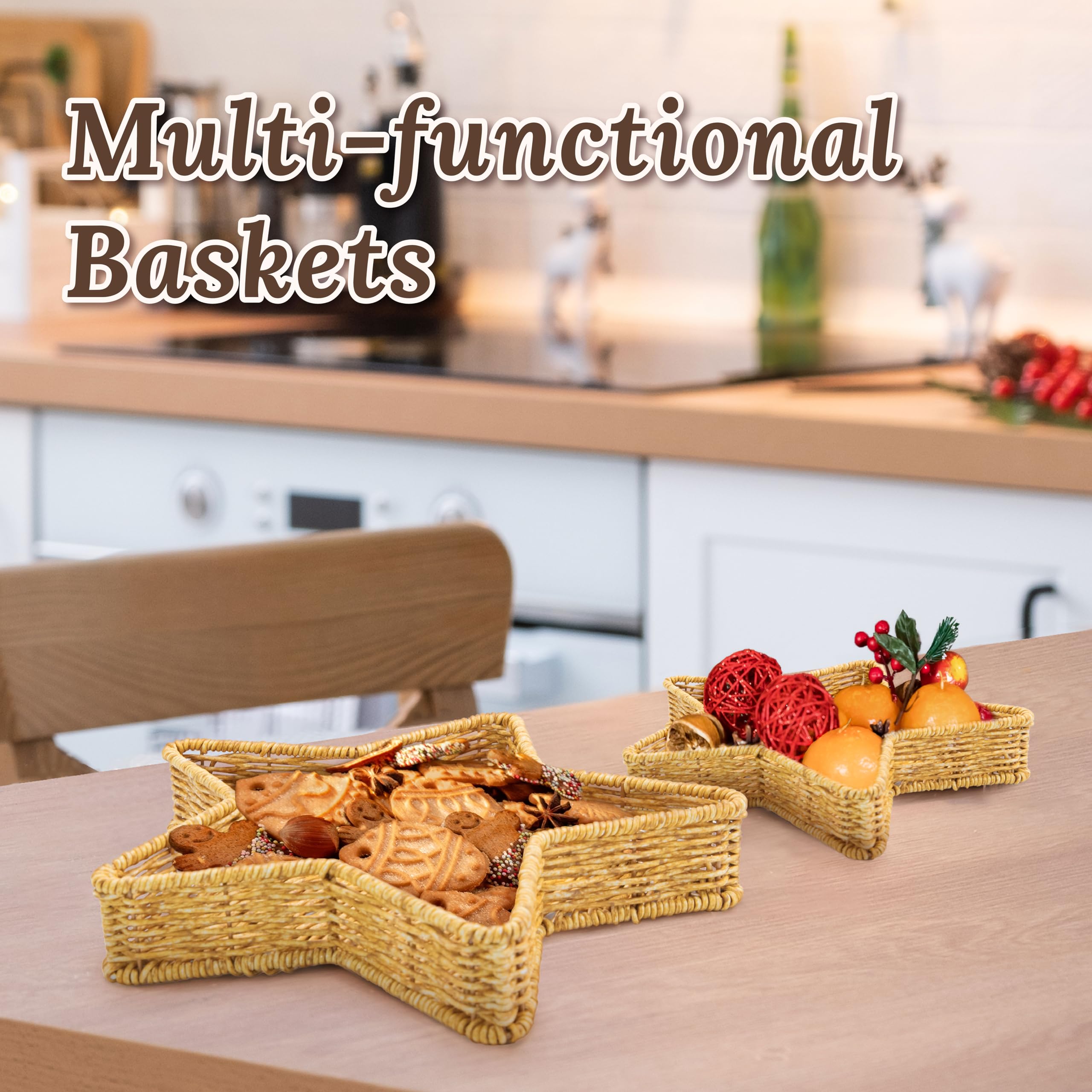 Star Wicker Basket Set of 2 - Handwoven Rattan Decorative Storage Baskets for Home Decor, Gift Wrapping, Christmas Serving Dishes & Platters - Perfect for Organizing, Table Centerpieces, and Farmhouse Style Decor
