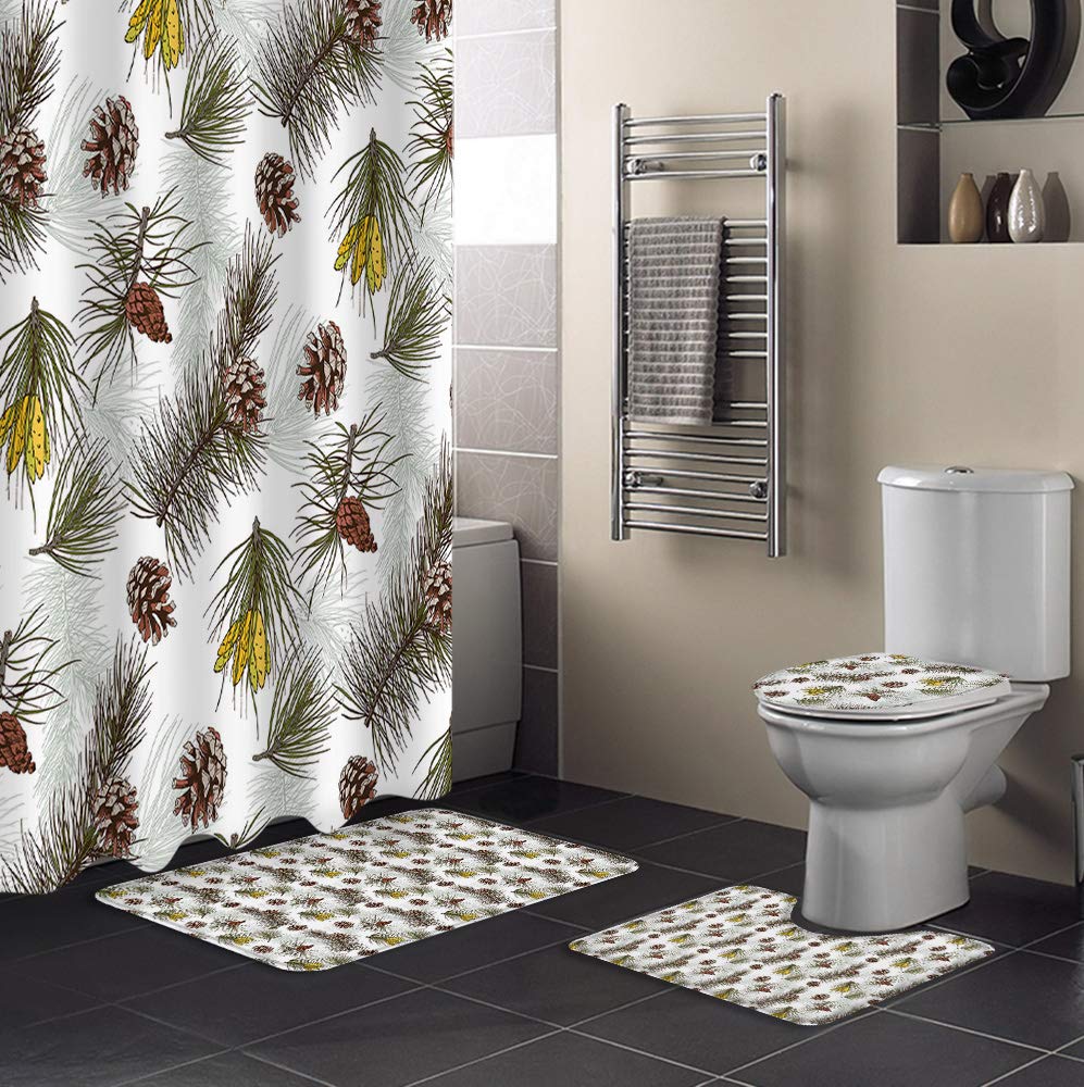 4-Piece Pinecone Christmas Shower Curtain Set - Waterproof Fabric Bathroom Decor with Non-Slip Rugs, Toilet Lid Cover & Bath Mat (66x72 Inch, White & Green) - Perfect for Holiday Bathroom Makeover & Festive Home Decor