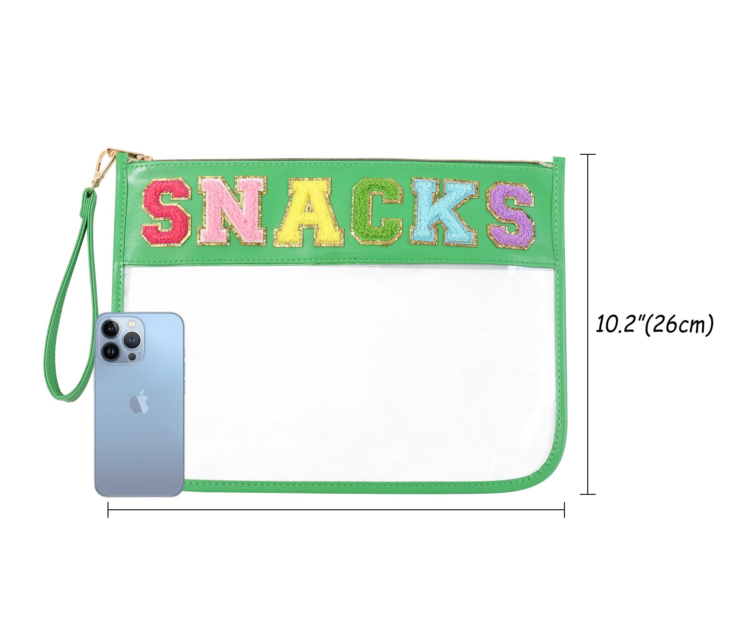 HASIOY Clear Pouch with Patches - Snacks Bag, Chenille Letter Cosmetic Tote Bag with Gold Shoulder Straps - Perfect for School, Travel, and Everyday Use