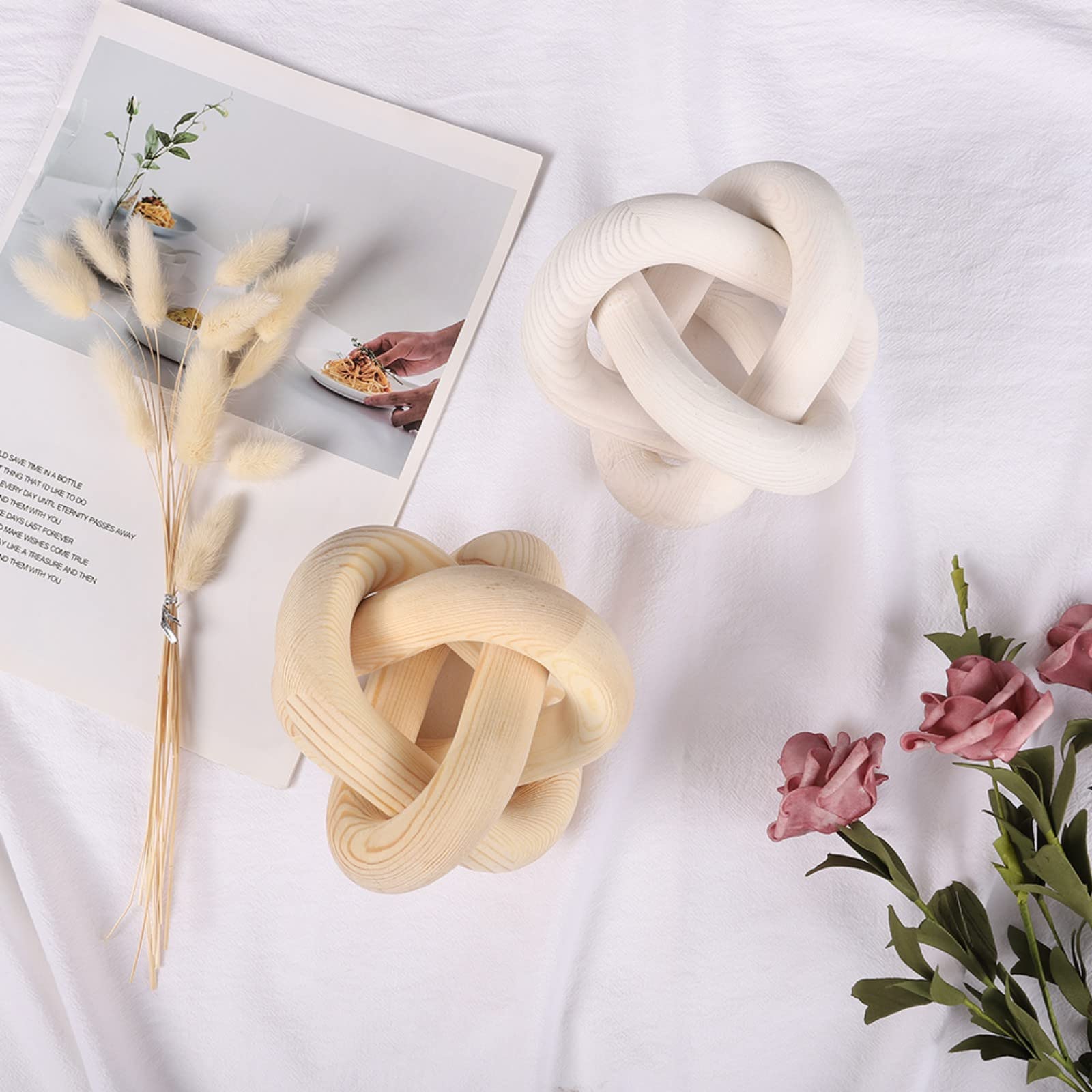 Hand Carved Wood Chain Link Decor - 3-Link Wood Knot Decorative Object, Boho Wood Bead Garland for Modern Farmhouse & Country Living Room, Bedroom, Entryway Shelf - Perfect for Coffee Table, Wall Hanging, and Wedding Decor