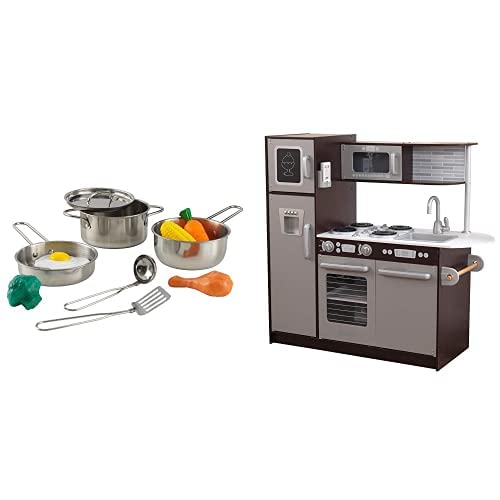 KidKraft Uptown Espresso Wooden Play Kitchen Set with Realistic Metal Accessories - Pretend Play Toy for Toddlers & Kids (Ideal for Home, Preschool & Daycare Role Playing Games)